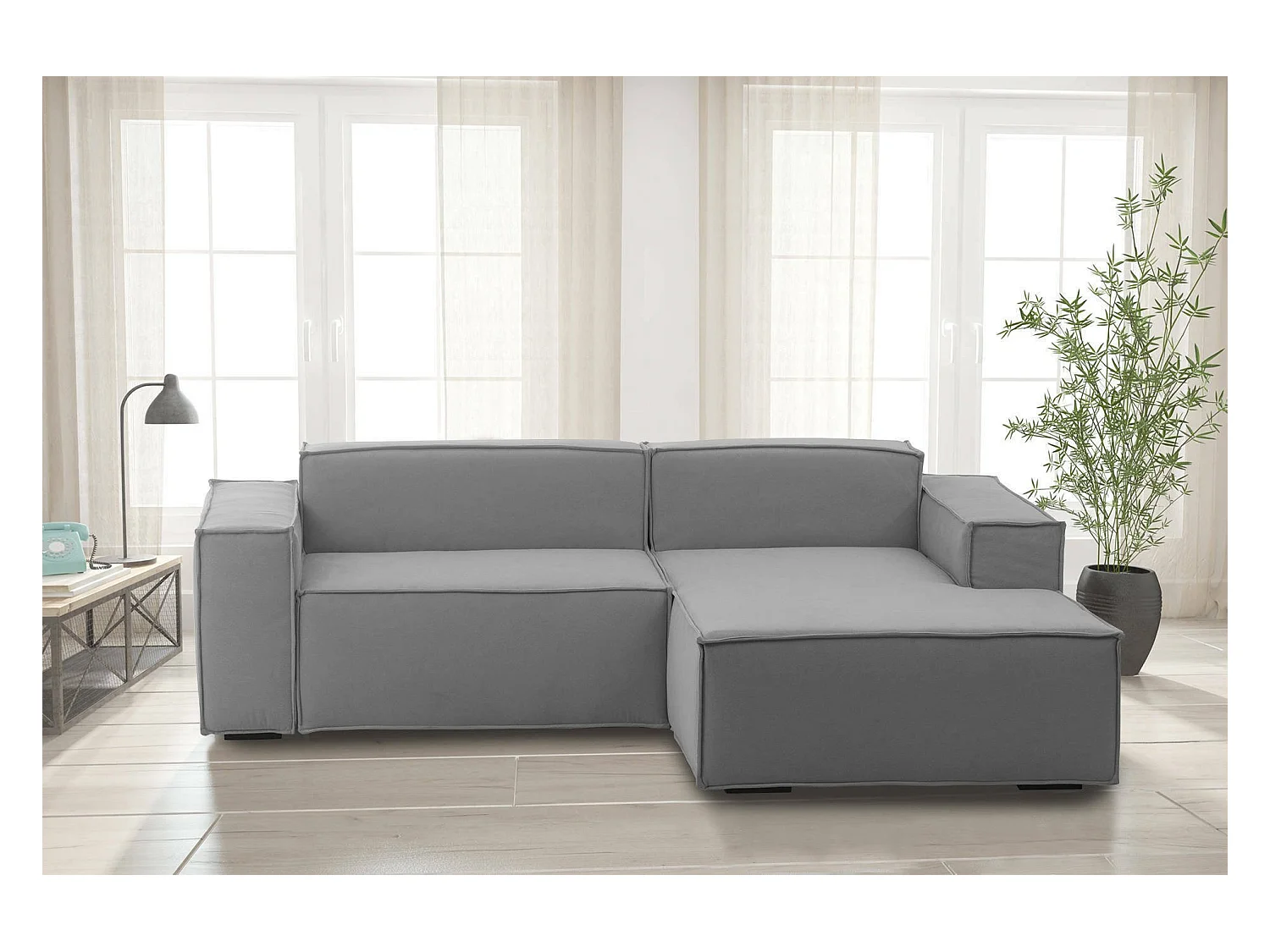 Canapé fixe Dgatta, Grand canapé modulable 2 places avec péninsule droite, 100% Made in Italy, Canapé moderne en tissu, 240x170h70 cm, Gris