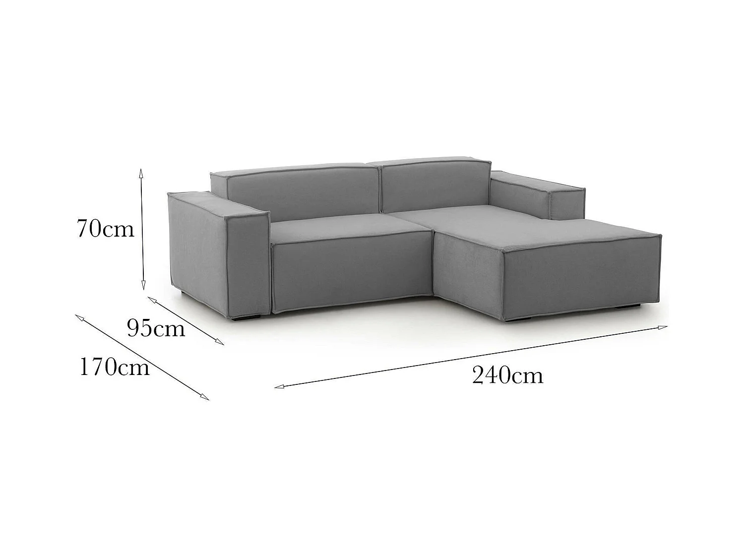 Canapé fixe Dgatta, Grand canapé modulable 2 places avec péninsule droite, 100% Made in Italy, Canapé moderne en tissu, 240x170h70 cm, Gris