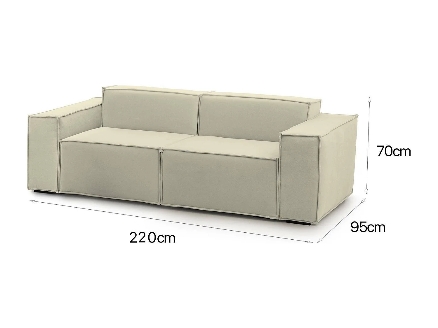 Canapé fixe Dlongh, canapé modulable linéaire 2 places, 100% Made in Italy, Canapé de salon moderne en tissu, 220x95h70 cm, Beige