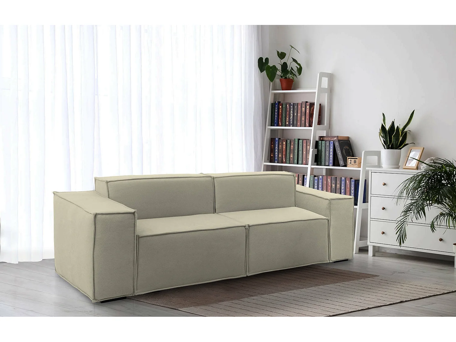 Dlongh vaste bank, 2-zits lineaire modulaire bank, 100% Made in Italy, Moderne woonkamerbank in stof, 220x95h70 cm, Beige