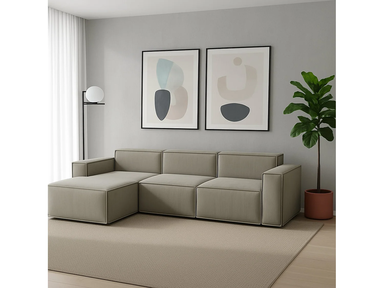 Sofá fixo Dflori, sofá modular de 3 lugares com península esquerda, 100% Fabricado na Itália, Sofá de tecido moderno, 300x170h70 cm, Taupe