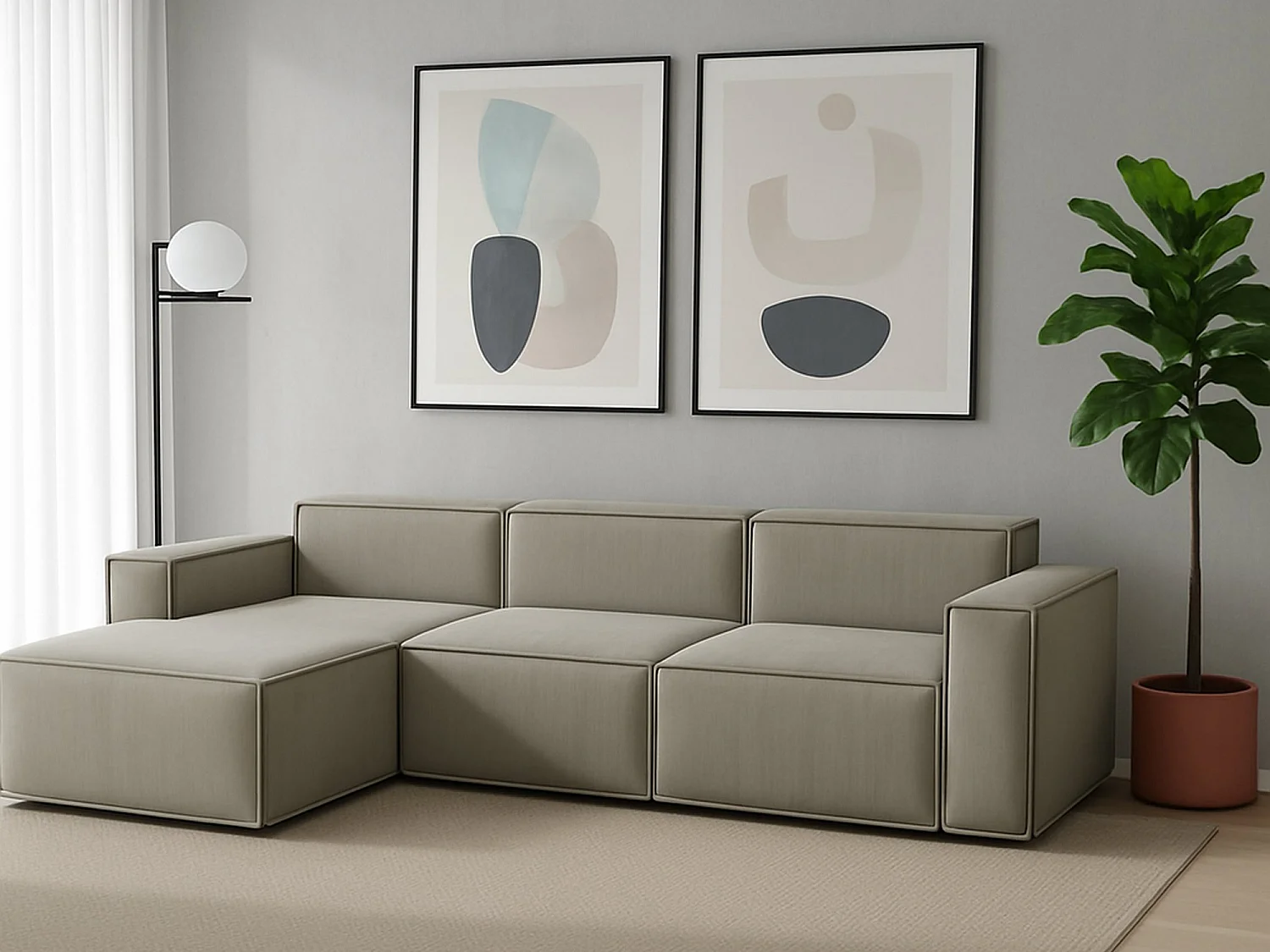 Sofá fixo Dflori, sofá modular de 3 lugares com península esquerda, 100% Fabricado na Itália, Sofá de tecido moderno, 300x170h70 cm, Taupe