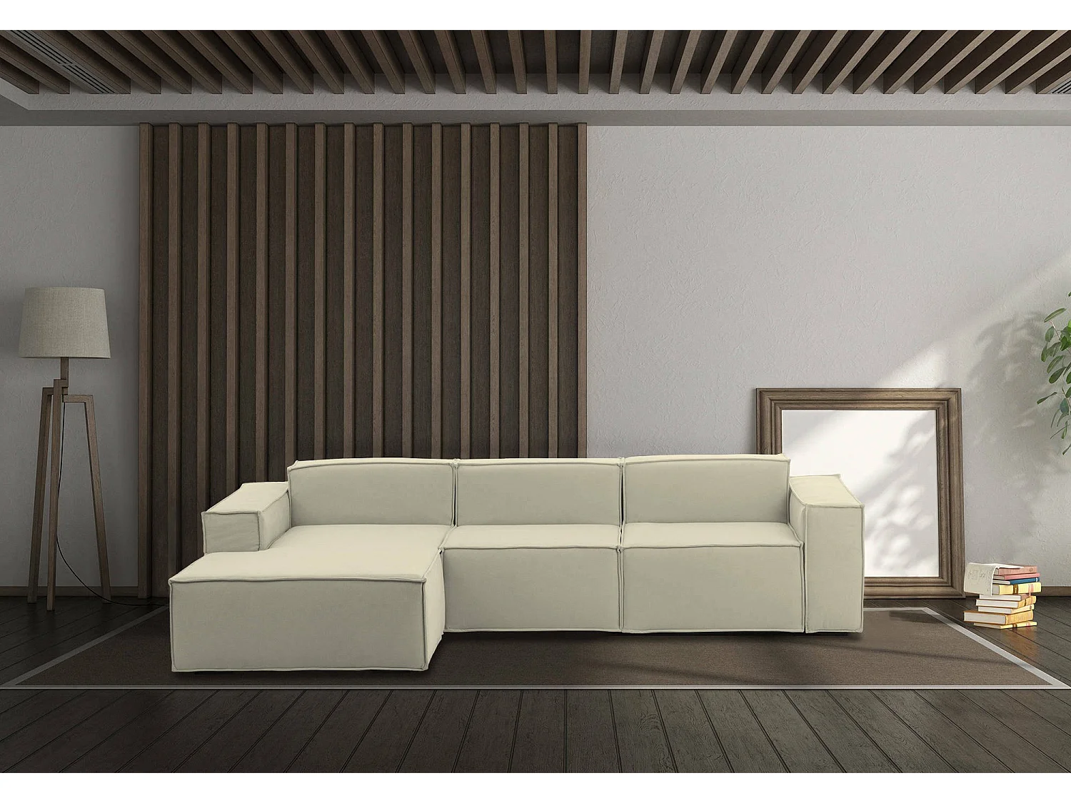 Canapé fixe Dflori, canapé modulable 3 places avec péninsule gauche, 100% Made in Italy, Canapé moderne en tissu, 300x170h70 cm, Beige