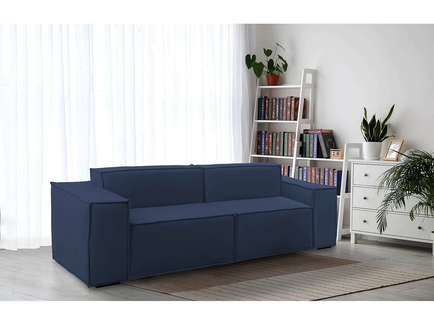Dlongh vaste bank, 2-zits lineaire modulaire bank, 100% Made in Italy, Moderne woonkamerbank in stof, 220x95h70 cm, Blauw