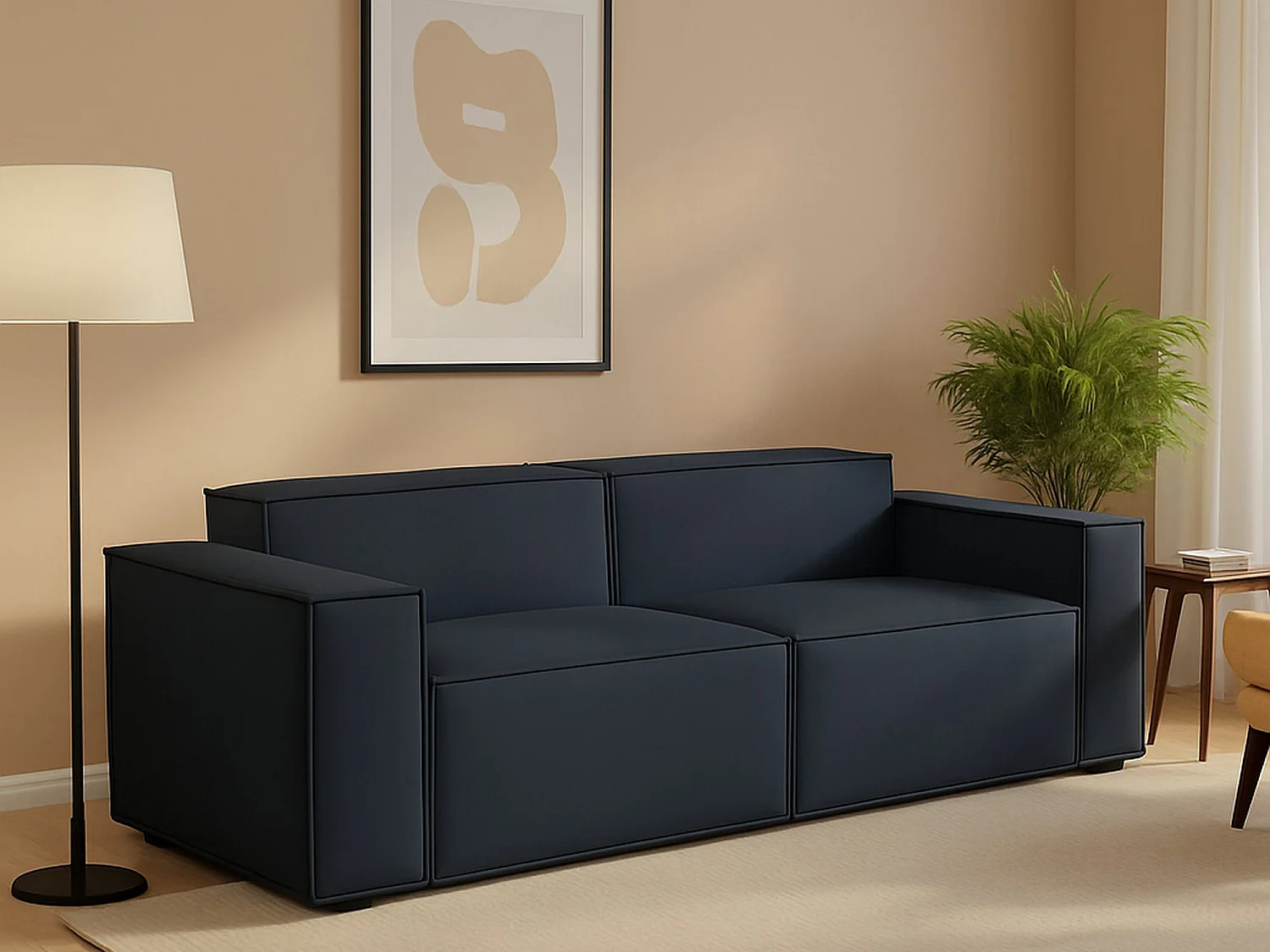 Canapé fixe Dlongh, canapé modulable linéaire 2 places, 100% Made in Italy, Canapé de salon moderne en tissu, 220x95h70 cm, Bleu