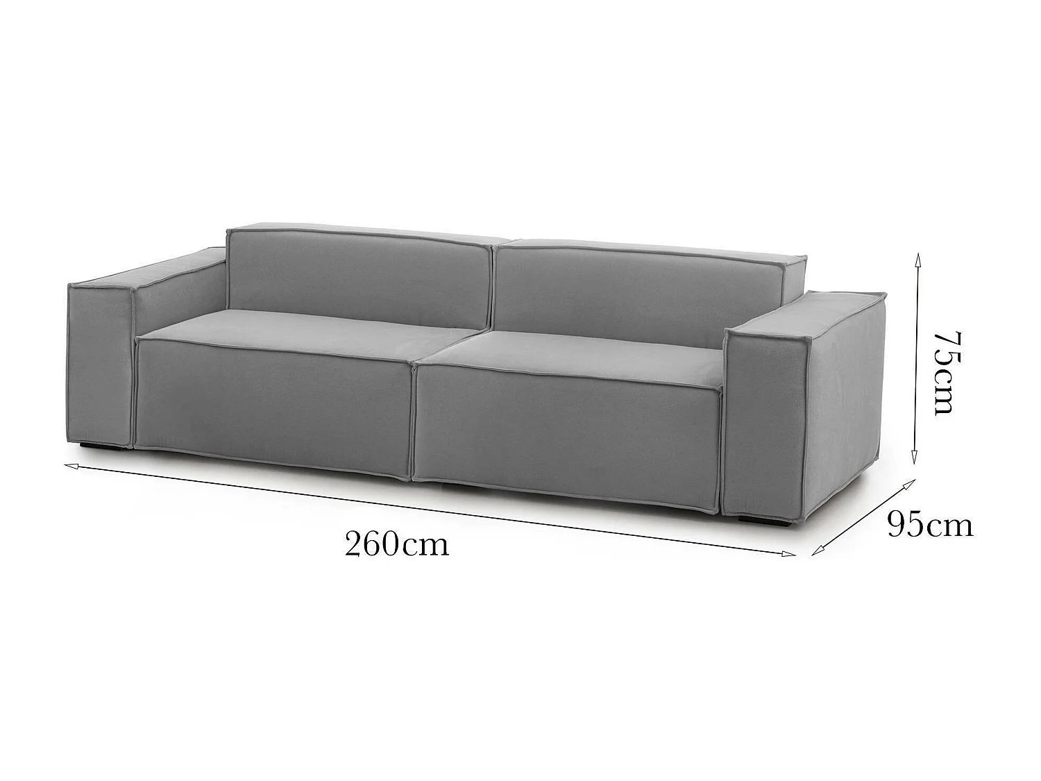 Dmelucc vaste bank, 3-zits lineaire modulaire bank, 100% Made in Italy, Moderne woonkamerbank in stof, 260x95h70 cm, Grijs