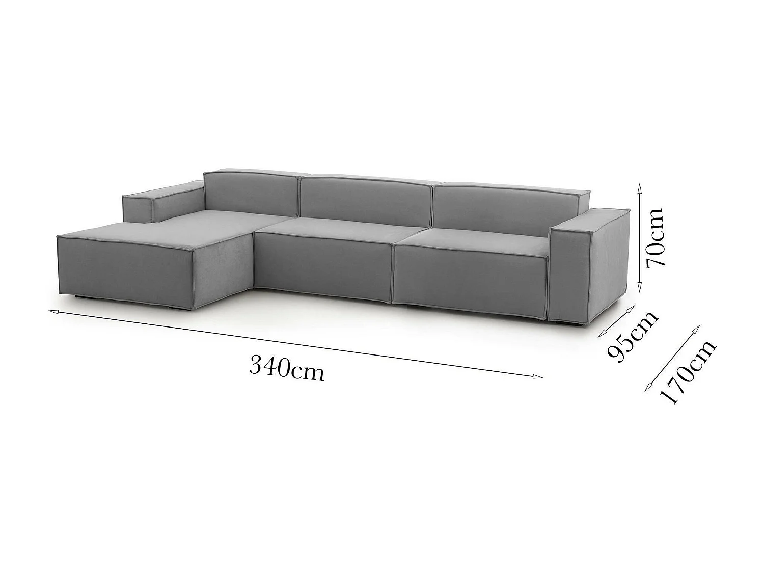 Festes Sofa Dgarzy, Modulares 4-Sitzer-Sofa mit linker Halbinsel, 100% Made in Italy, Modernes Sofa aus Stoff, Cm 340x170h70, Grau