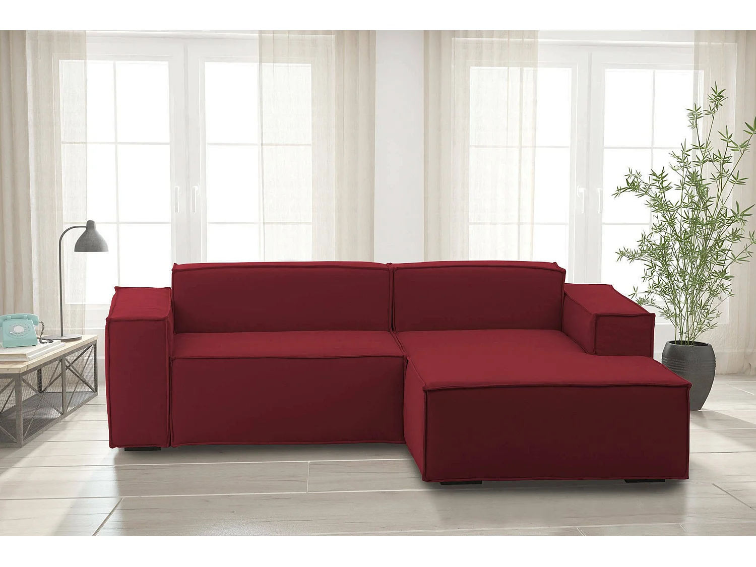 Canapé fixe Dgatta, Grand canapé modulable 2 places avec péninsule droite, 100% Made in Italy, Canapé moderne en tissu, 240x170h70 cm, Rouge