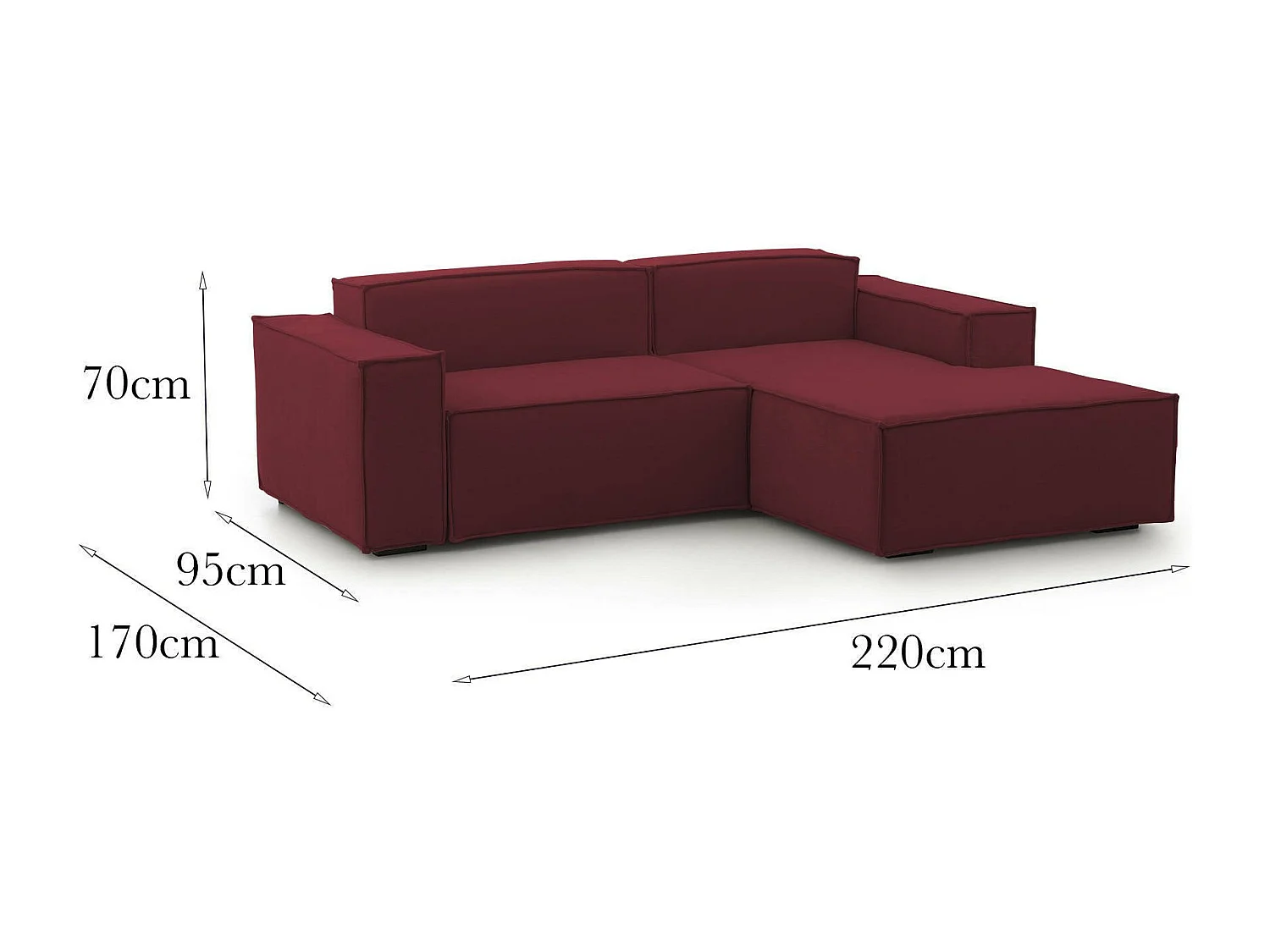Festes Sofa Dlorenz, Modulares 2-Sitzer-Sofa mit rechter Halbinsel, 100% Made in Italy, Modernes Sofa aus Stoff, Cm 220x170h70, Rot