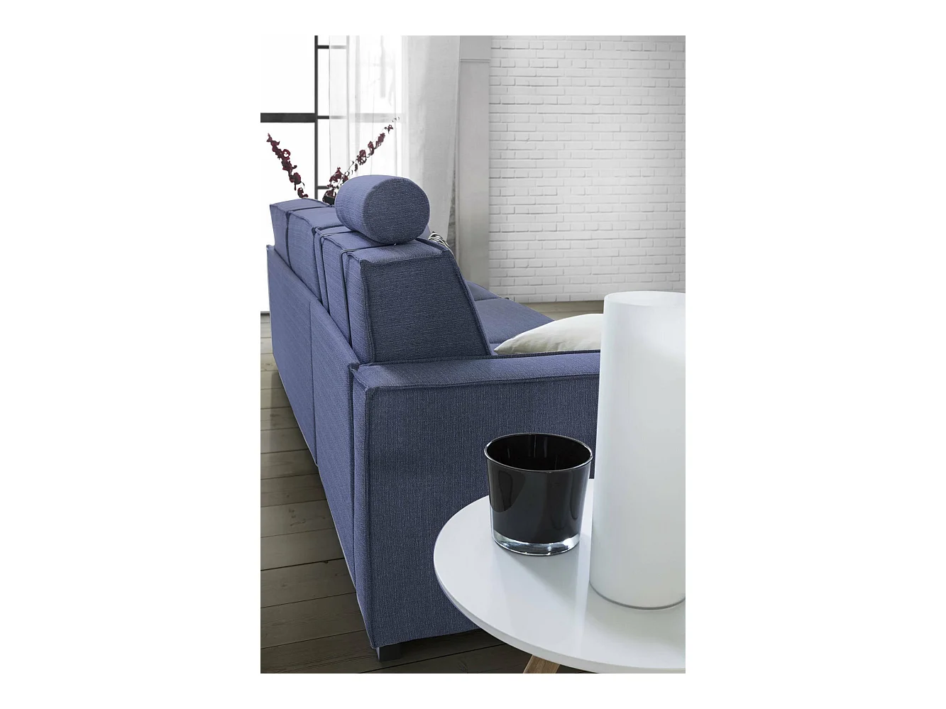 Canapé fixe Dlovis, Canapé d'angle, 100% Made in Italy, Canapé de salon avec, Péninsule conteneur gauche, avec accoudoirs fins, Cm 260x95h90, Bleu