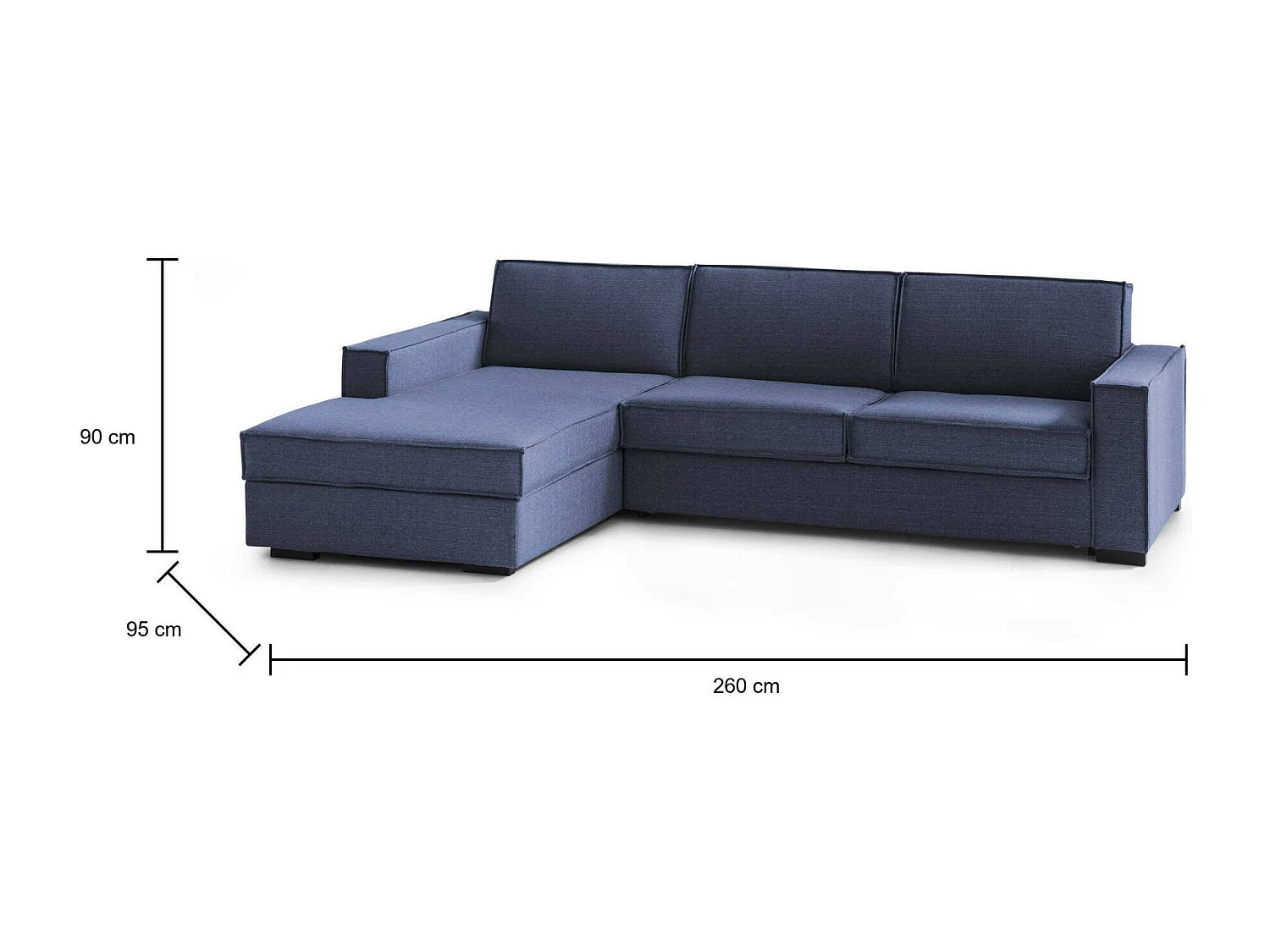 Sofá fijo Dlovis, Sofá de esquina, 100% Made in Italy, Sofá Salón con, península de contenedores Izquierda, con reposabrazos delgados, Cm 260x95h90, Azul