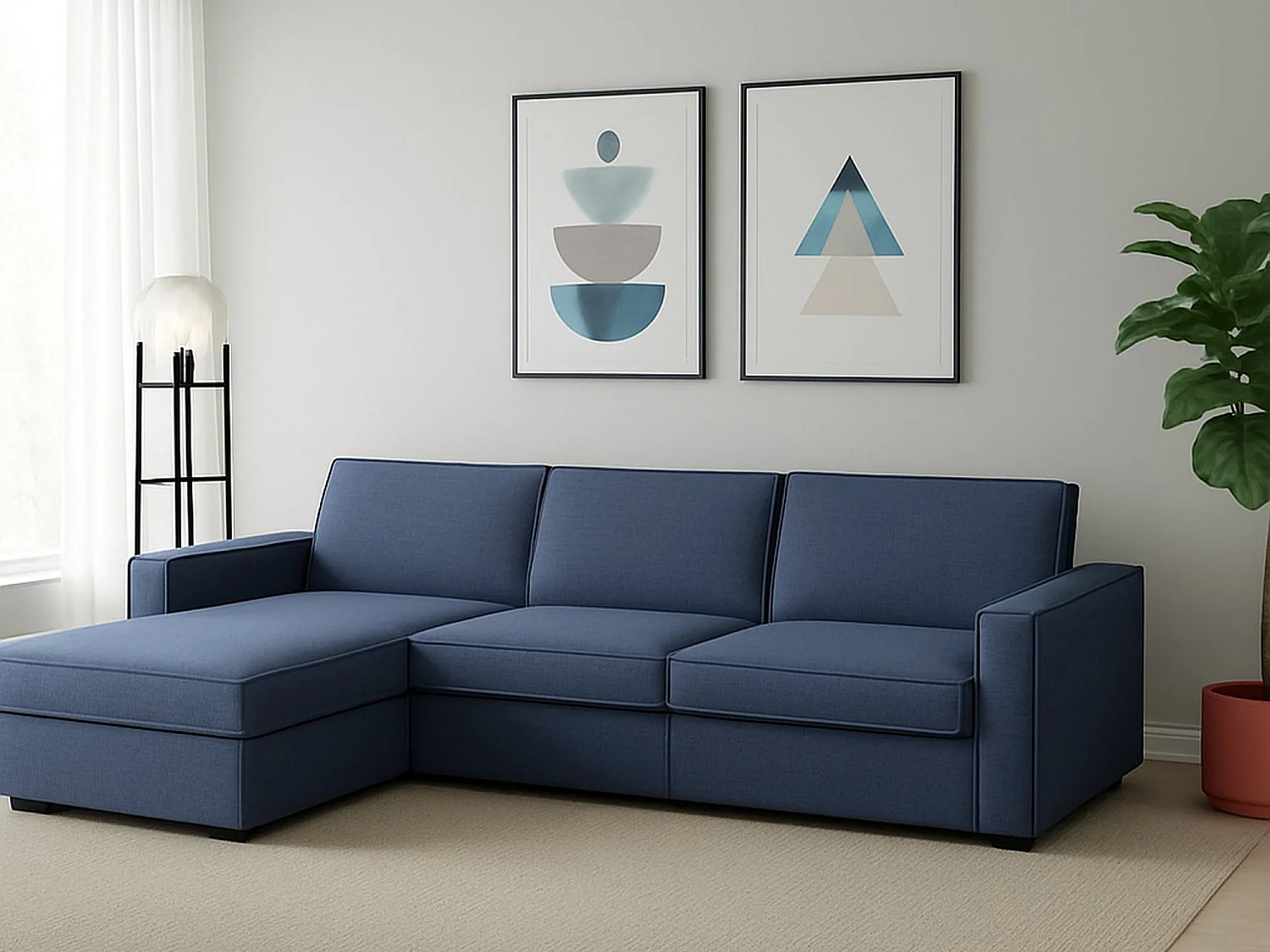 Canapé fixe Dlovis, Canapé d'angle, 100% Made in Italy, Canapé de salon avec, Péninsule conteneur gauche, avec accoudoirs fins, Cm 260x95h90, Bleu
