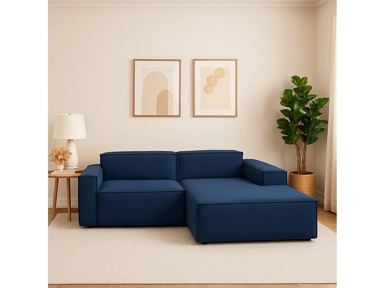 Canapé fixe Dlorenz, canapé modulable 2 places avec péninsule droite, 100% Made in Italy, Canapé moderne en tissu, 220x170h70 cm, Bleu