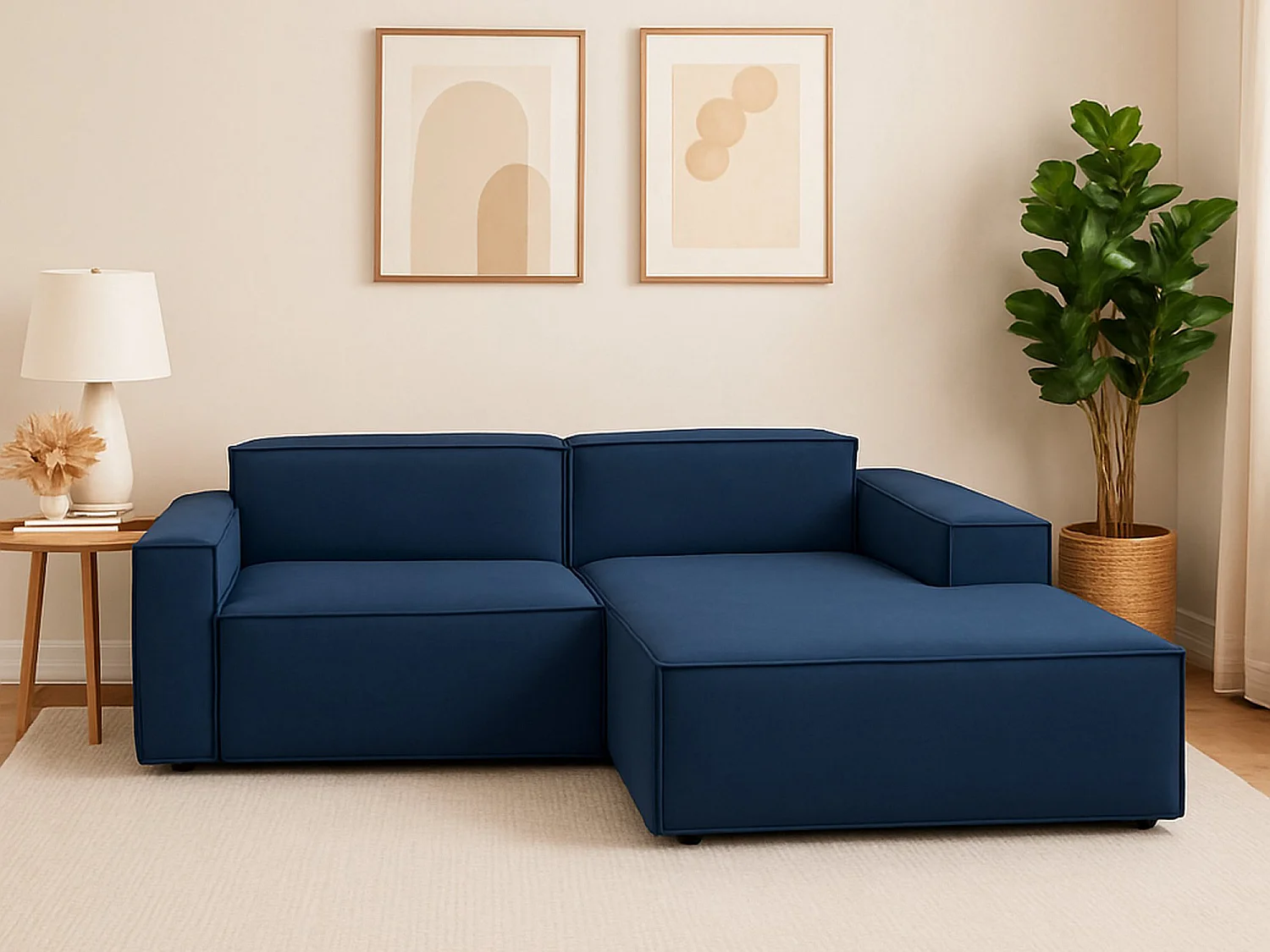 Canapé fixe Dlorenz, canapé modulable 2 places avec péninsule droite, 100% Made in Italy, Canapé moderne en tissu, 220x170h70 cm, Bleu