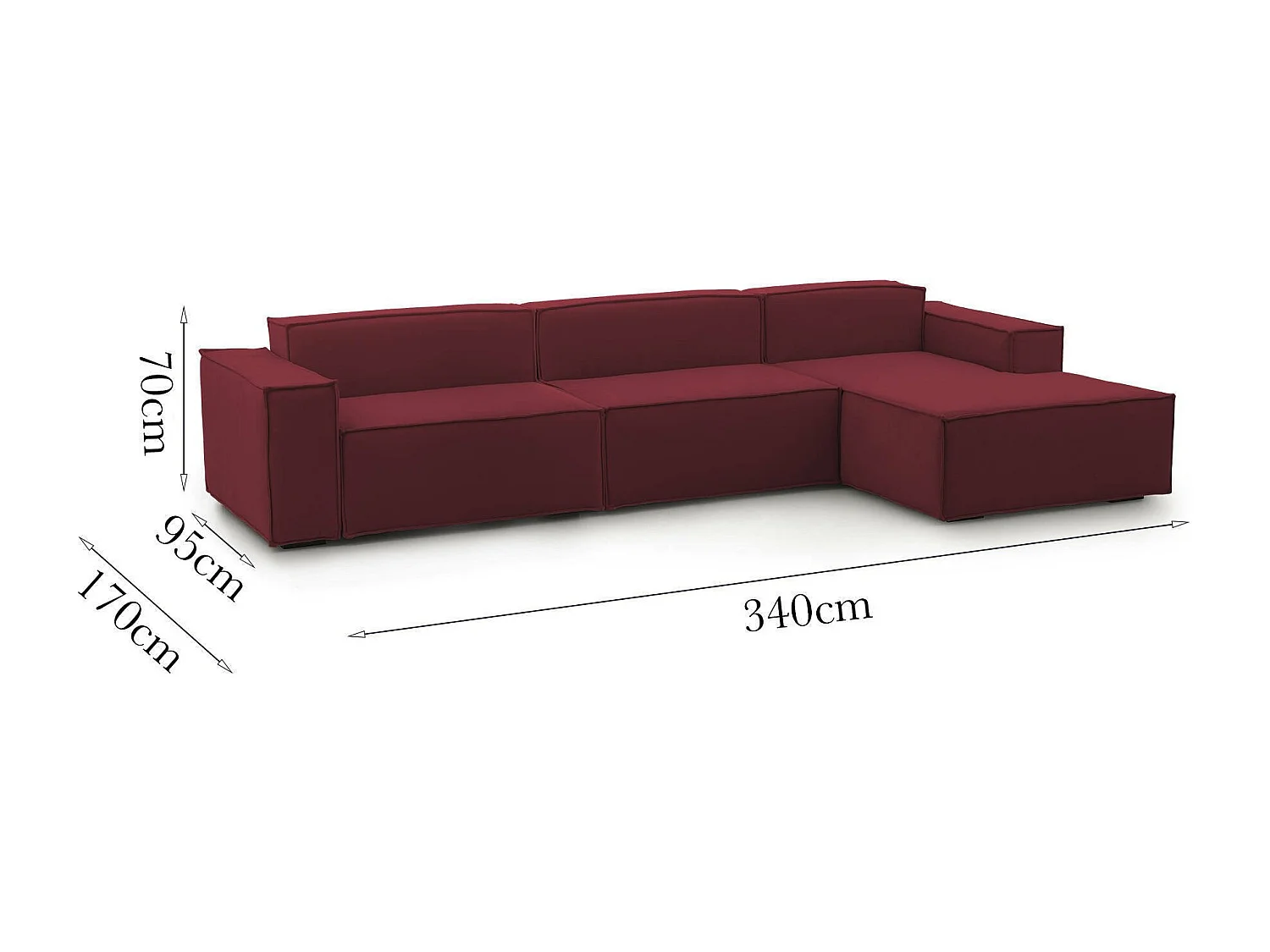 Festes Sofa Dmaiol, Modulares 4-Sitzer-Sofa mit rechter Halbinsel, 100% Made in Italy, Modernes Sofa aus Stoff, Cm 340x170h70, Rot