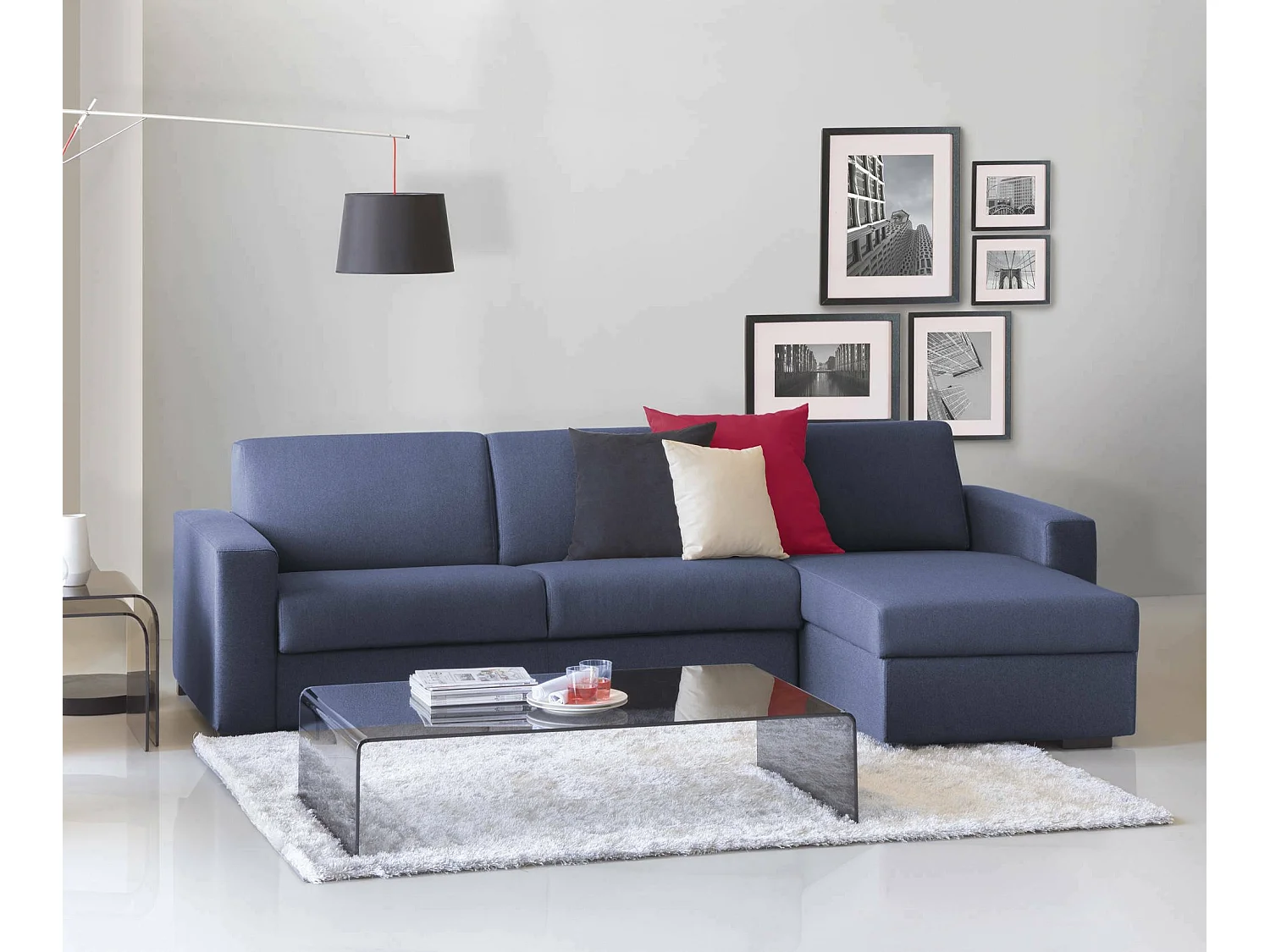 Dcapon vaste bank, Hoekbank, 100% Made in Italy, Woonkamerbank, met omkeerbaar opbergschiereiland, in gewatteerde stof, met slanke armleuningen, 260x95h90 cm, Blauw