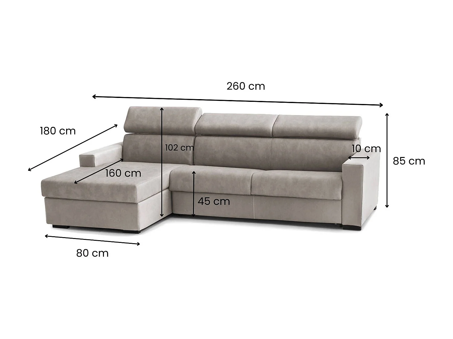 Divano Fisso con Penisola Aryaly, Sfoderabile Made in Italy, 95x280 cm Grigio Tortora