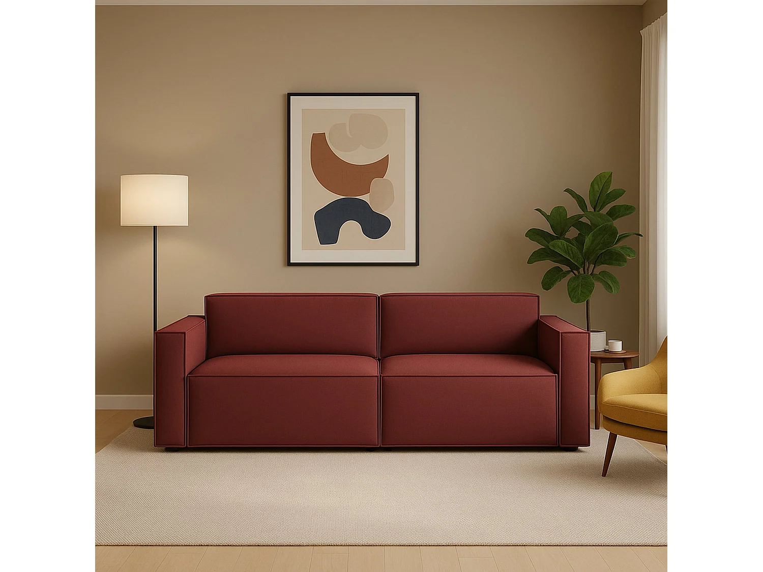 Canapé fixe Dlongh, canapé modulable linéaire 2 places, 100% Made in Italy, Canapé de salon moderne en tissu, 220x95h70 cm, Rouge