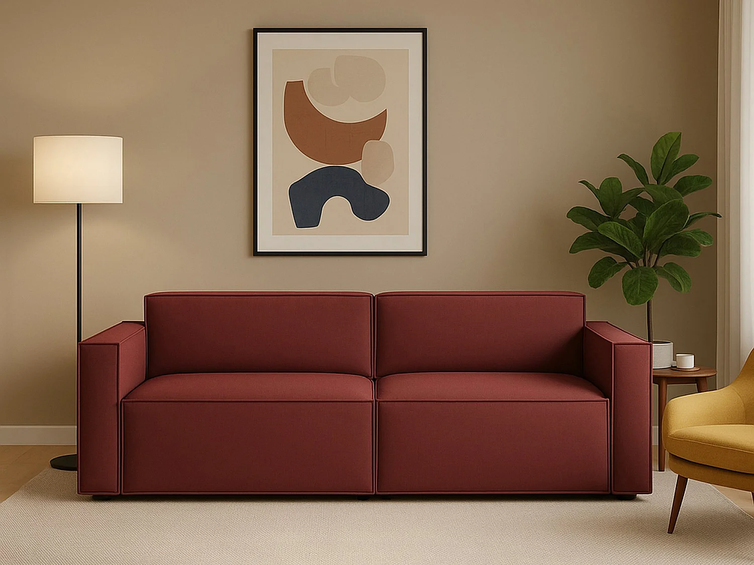 Canapé fixe Dlongh, canapé modulable linéaire 2 places, 100% Made in Italy, Canapé de salon moderne en tissu, 220x95h70 cm, Rouge