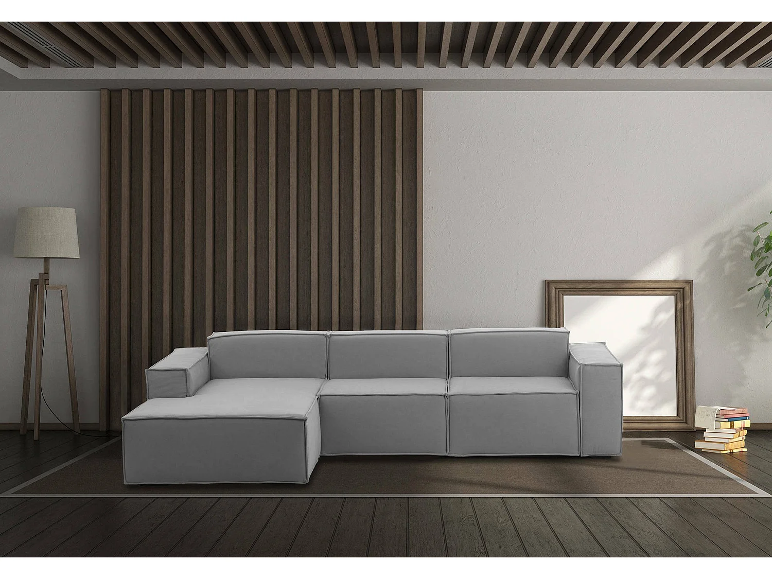 Sofá fixo Dflori, sofá modular de 3 lugares com península esquerda, 100% Fabricado na Itália, Sofá de tecido moderno, 300x170h70 cm, Cinza