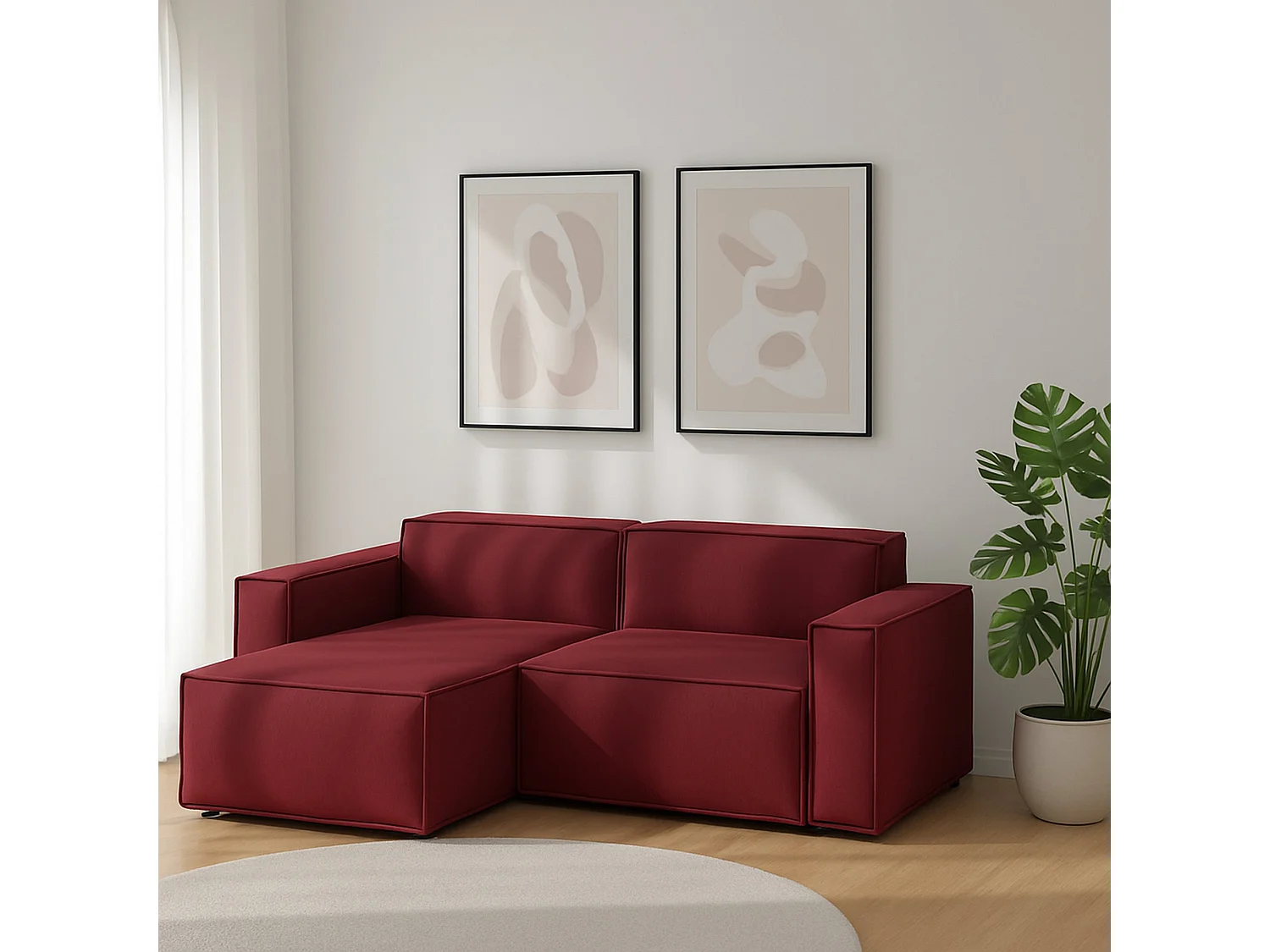 Canapé fixe Dkivil, canapé modulable 2 places avec péninsule gauche, 100% Made in Italy, Canapé moderne en tissu, 220x170h70 cm, Rouge