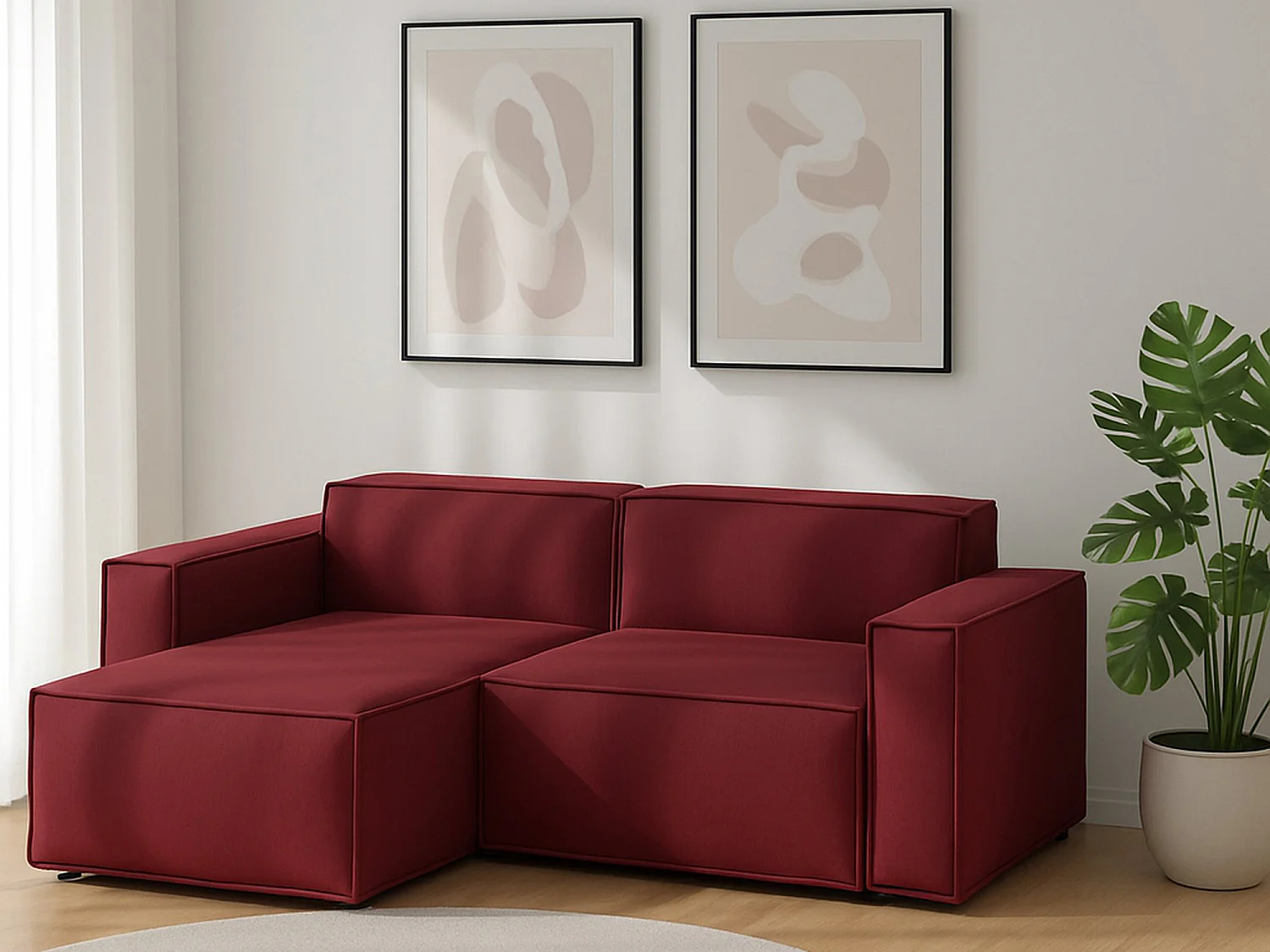 Canapé fixe Dkivil, canapé modulable 2 places avec péninsule gauche, 100% Made in Italy, Canapé moderne en tissu, 220x170h70 cm, Rouge