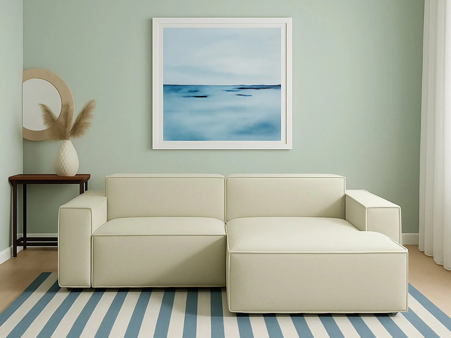 Canapé fixe Dgatta, Grand canapé modulable 2 places avec péninsule droite, 100% Made in Italy, Canapé moderne en tissu, 240x170h70 cm, Beige