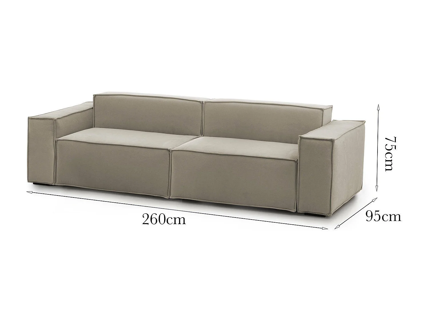 Dmelucc vaste bank, 3-zits lineaire modulaire bank, 100% Made in Italy, Moderne woonkamerbank in stof, 260x95h70 cm, Taupe