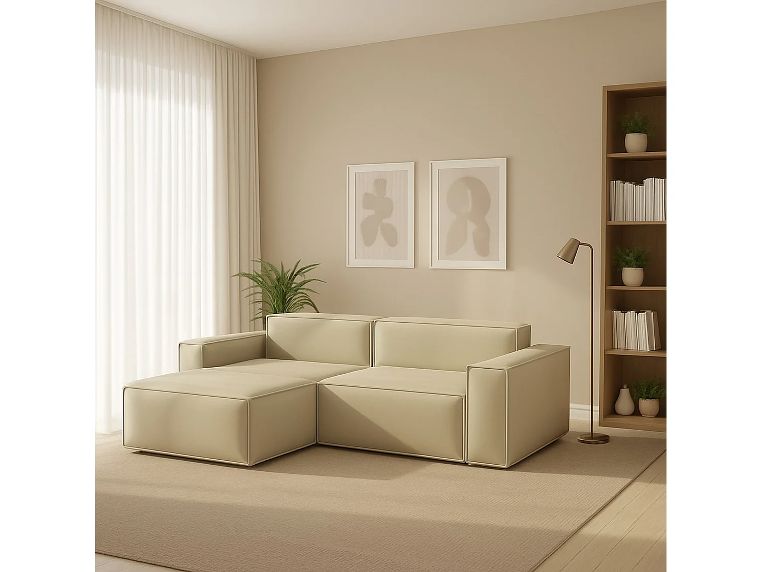 Canapé fixe Dkivil, canapé modulable 2 places avec péninsule gauche, 100% Made in Italy, Canapé moderne en tissu, 220x170h70 cm, Beige