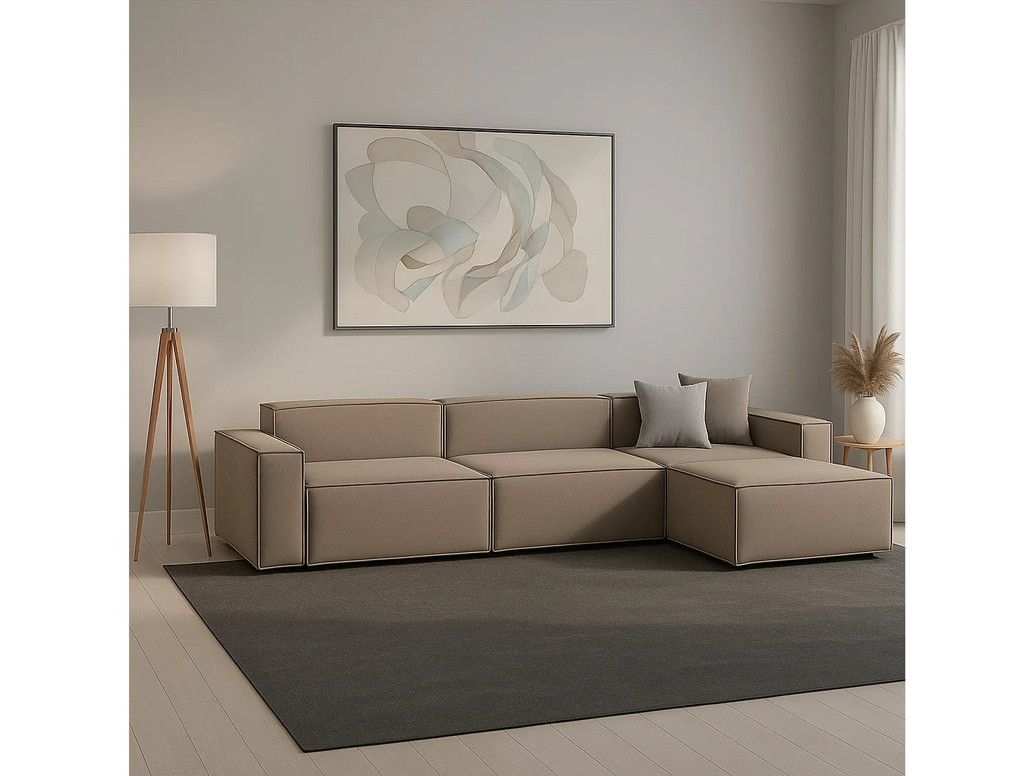 Sofá fixo Dmaiol, sofá modular de 4 lugares com península direita, 100% Fabricado na Itália, Sofá de tecido moderno, 340x170h70 cm, Taupe