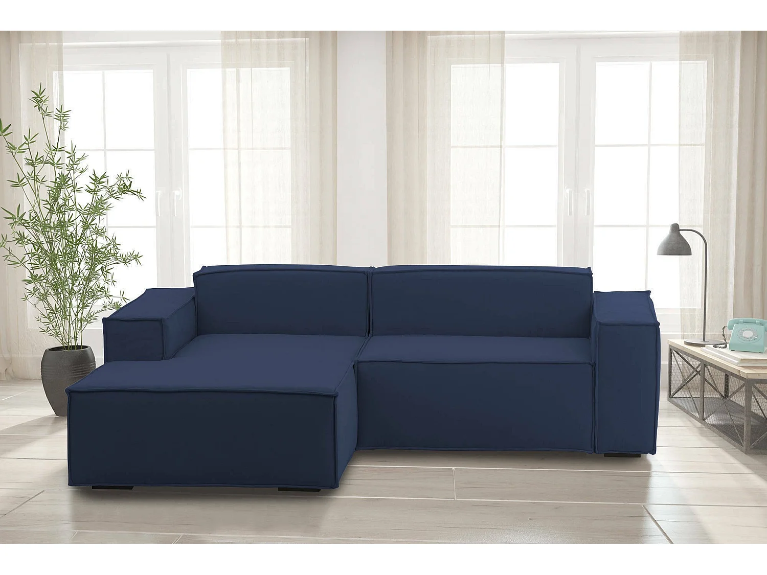 Canapé fixe Dkivil, canapé modulable 2 places avec péninsule gauche, 100% Made in Italy, Canapé moderne en tissu, 220x170h70 cm, Bleu