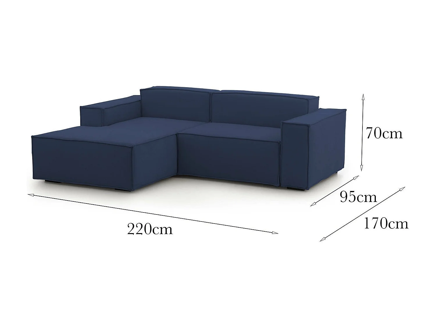 Sofá fijo Dkivil, Sofá modular 2 plazas península izquierda, 100% Made in Italy, Sofá moderno en tela, Cm 220x170h70, Azul