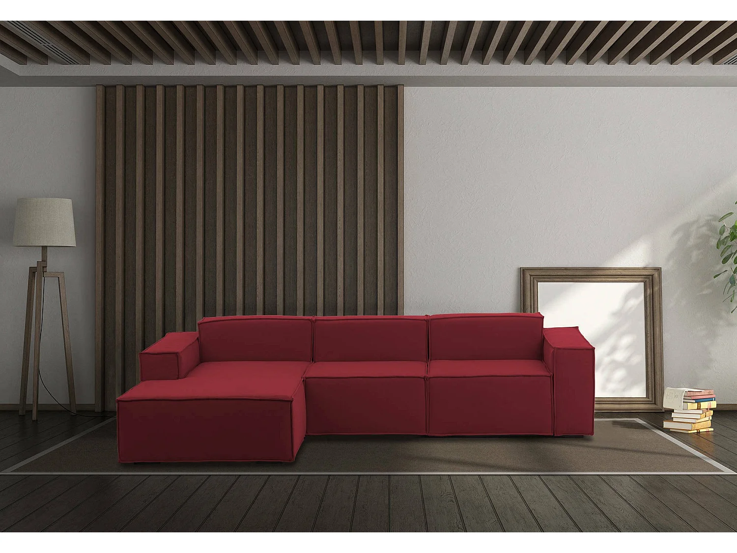 Canapé fixe Dflori, canapé modulable 3 places avec péninsule gauche, 100% Made in Italy, Canapé moderne en tissu, 300x170h70 cm, Rouge