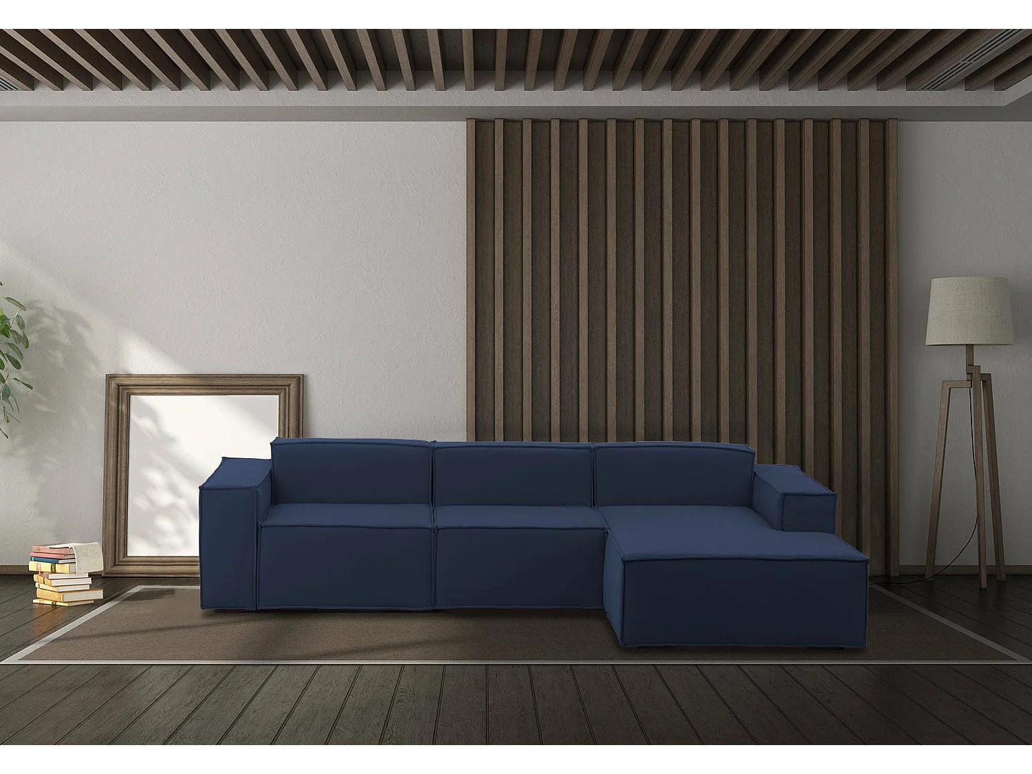 Ddzek vaste bank, 3-zits modulaire bank met rechterschiereiland, 100% Made in Italy, Moderne stoffen bank, 300x170h70 cm, Blauw