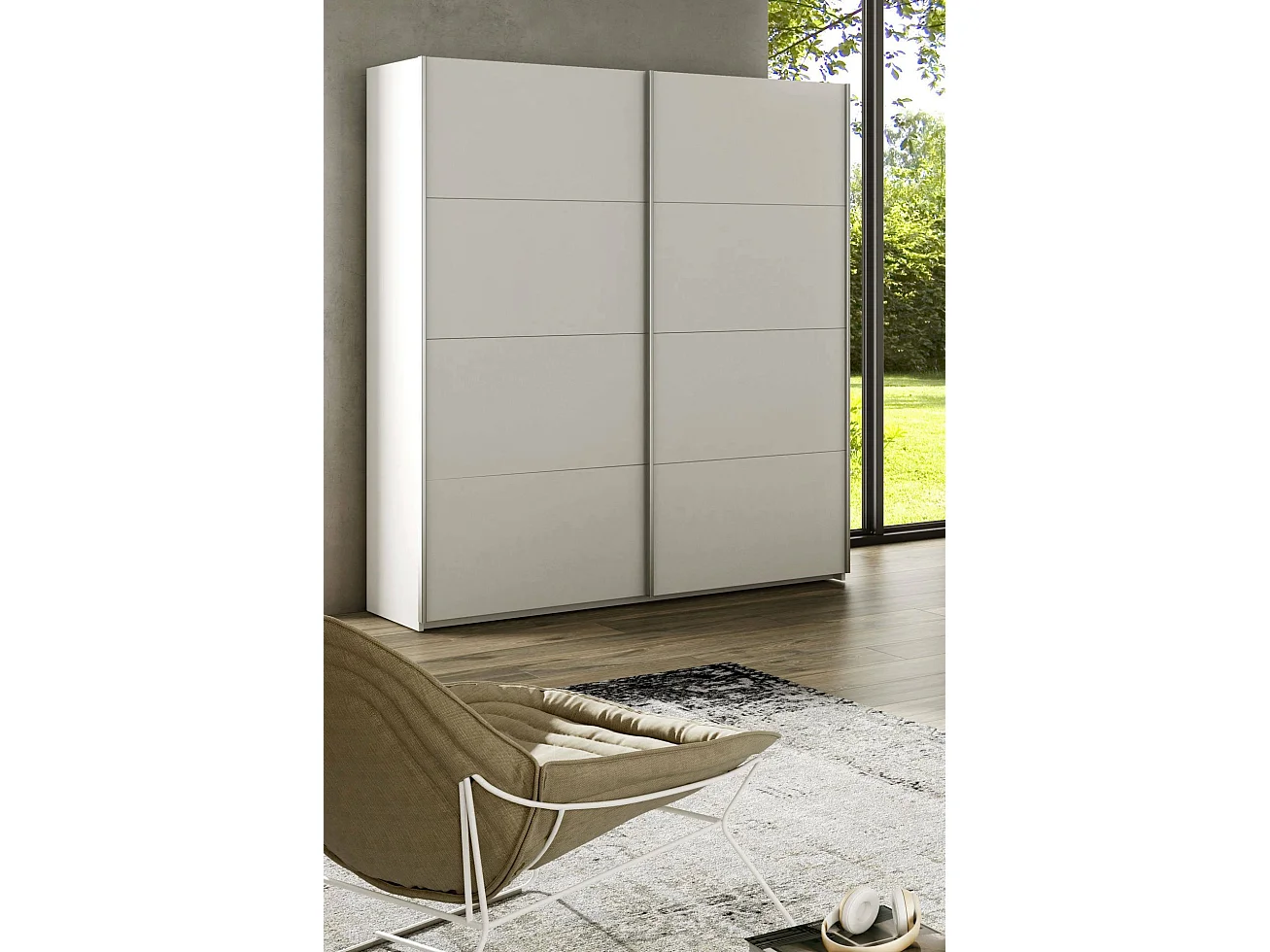 Armoire Dmace, Armoire de chambre avec 2 portes coulissantes, Armoire avec tringle à vêtements et 2 étagères, 150x60h200 cm, Blanc brillant