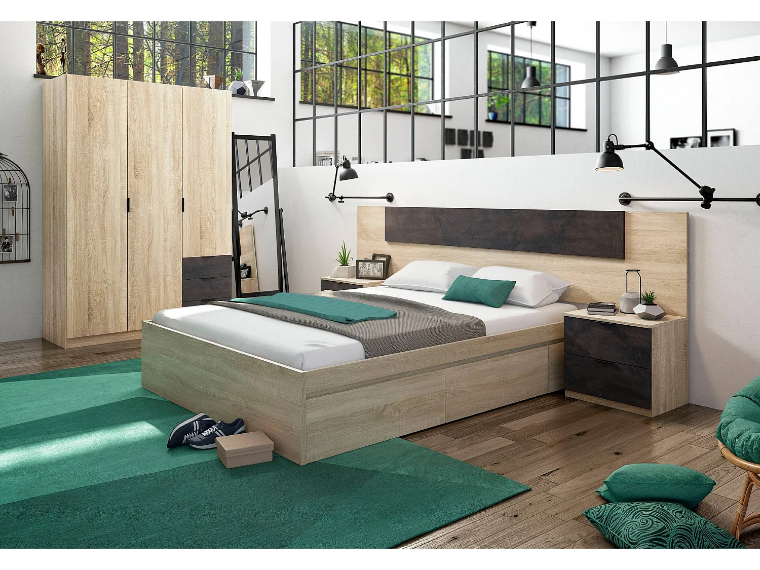 Roupeiro Daband, Roupeiro de Quarto com 3 portas e 3 gavetas, Armário com varão e 3 prateleiras, 121x52h180 cm, Carvalho e Ã"xido