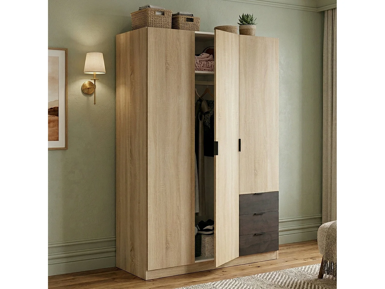 Garderobe Daband, Schlafzimmerschrank mit 3 Türen und 3 Schubladen, Schrank mit Kleiderstange und 3 Einlegeböden, 121x52h180 cm, Eiche und Oxid