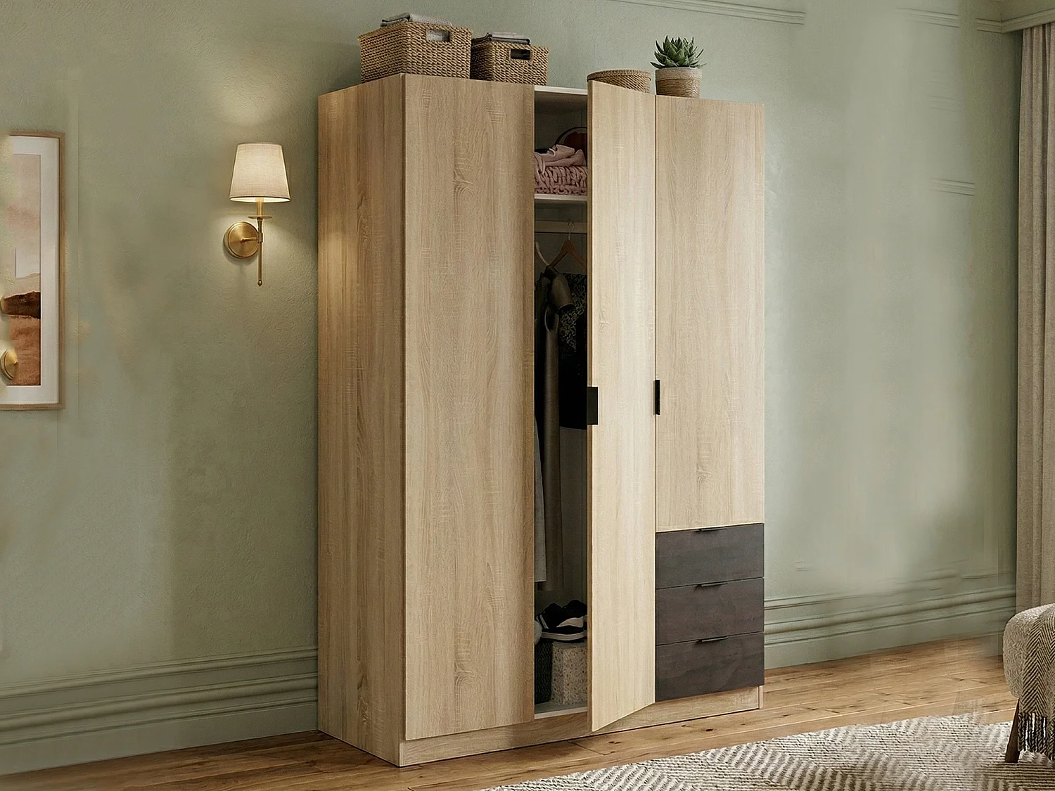 Guardaroba 3 Ante Apaches, 3 Cassetti, 52x121 cm Marrone Rovere, Armadio Camera da Letto