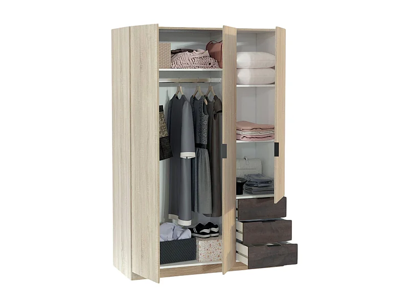 Armoire Daband, Armoire de chambre avec 3 portes et 3 tiroirs, Armoire avec penderie et 3 étagères, 121x52h180 cm, Chêne et Oxyde