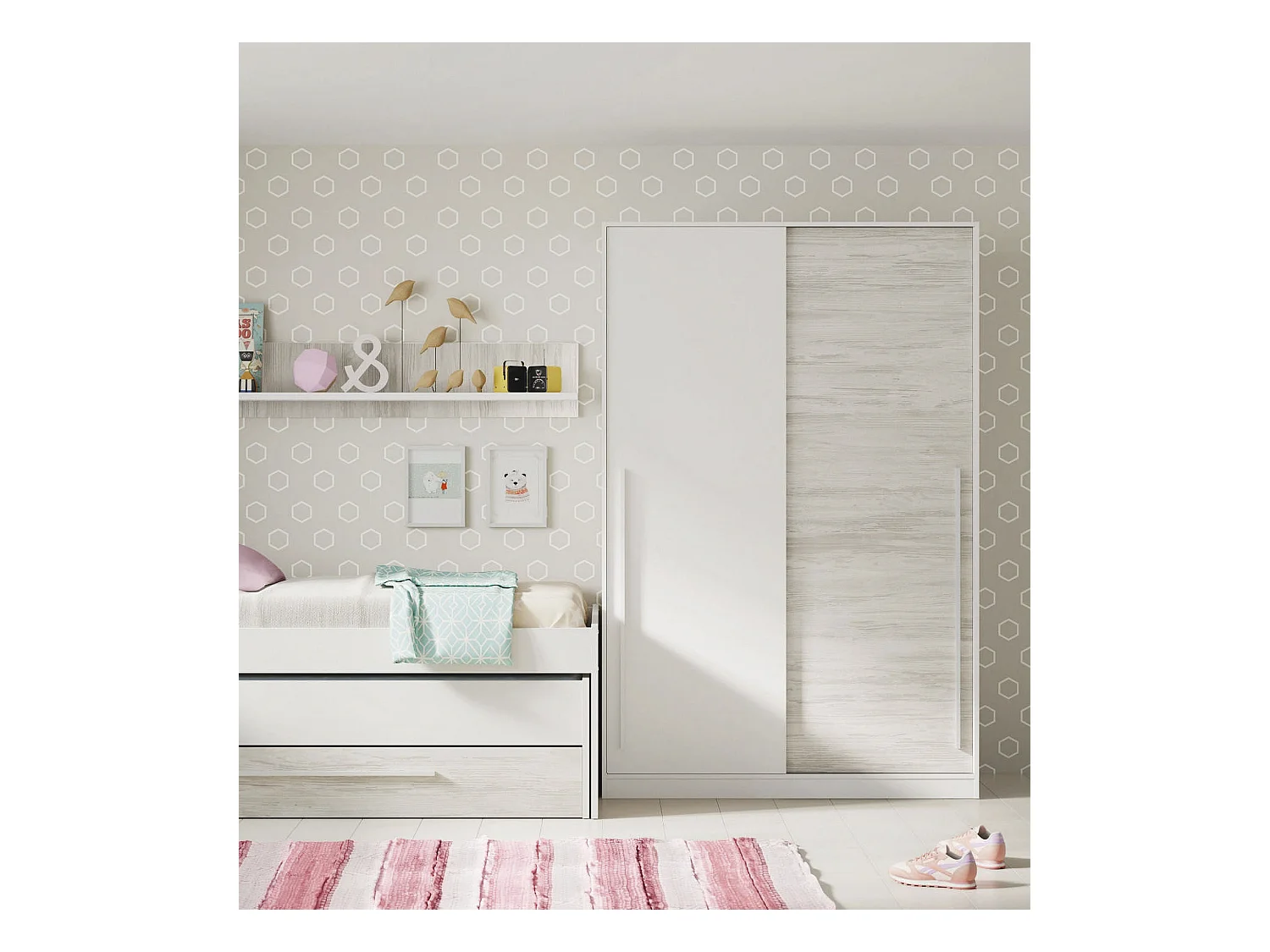 Dcelesi Armoire, Armoire de Chambre avec 2 Portes coulissantes, Armoire avec Barre de Suspension et 3 étagères, 120x50h200 cm, Blanc Antique