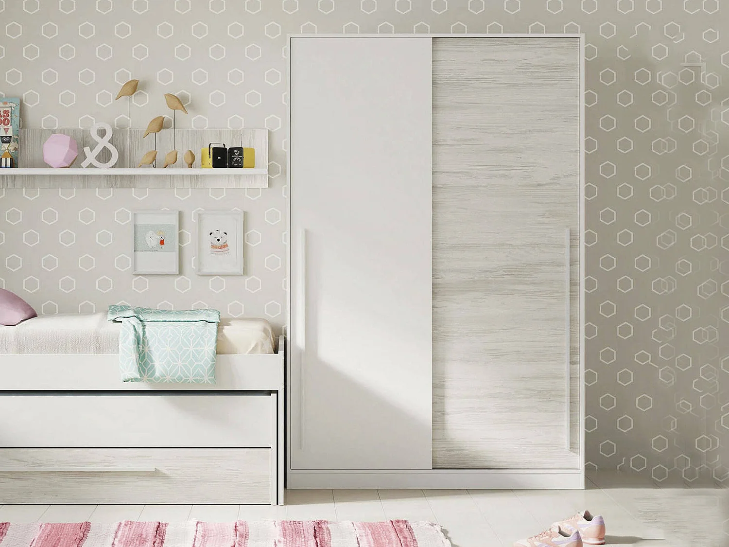 Guardarropa Dcelesi, Armario dormitorio con 2 puertas correderas, Mueble con barra perchero y 3 baldas, 120x50h200 cm, Blanco antiguo