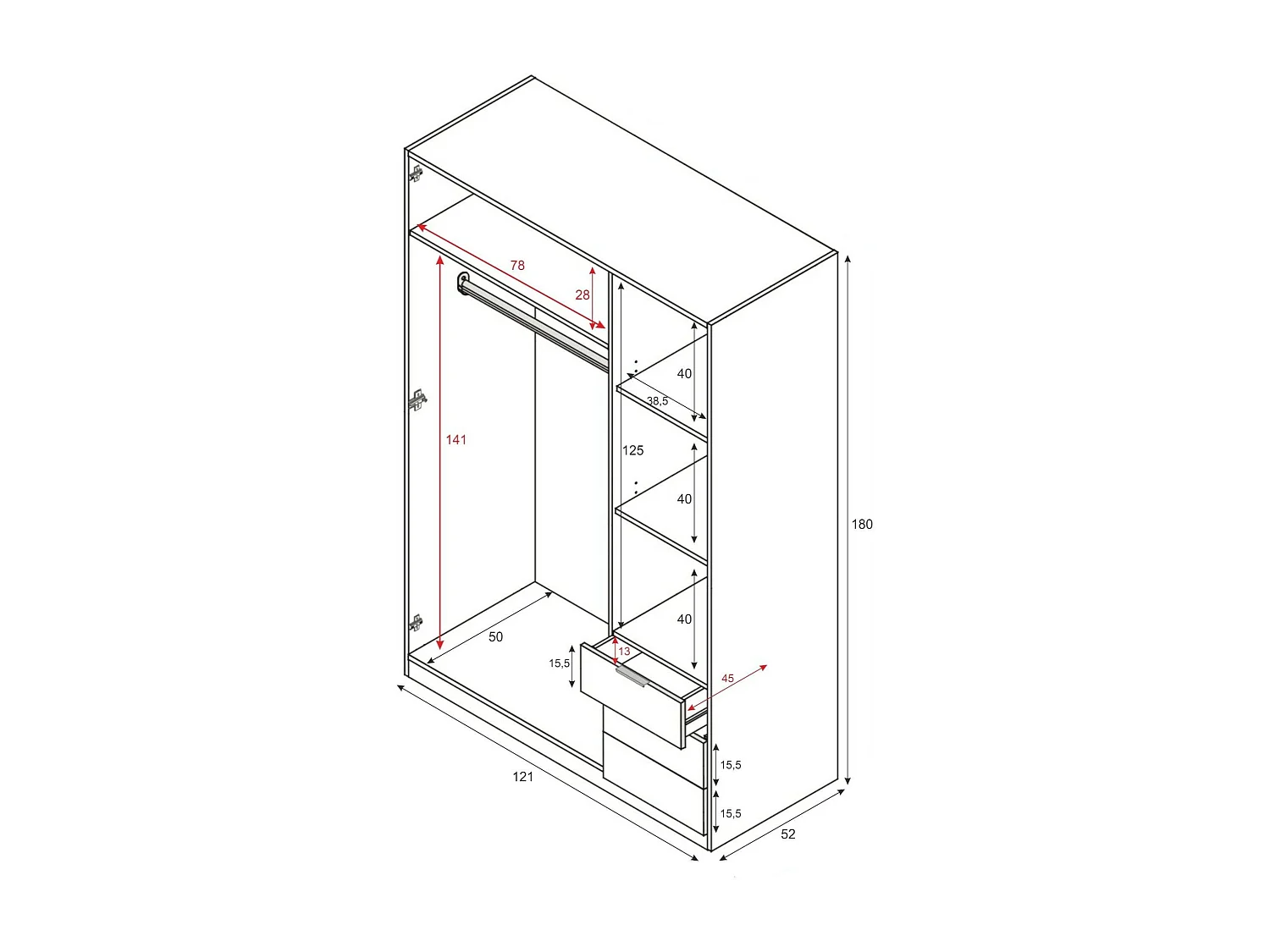 Armoire Dnespol, Armoire de chambre avec 3 portes et 3 tiroirs, Armoire avec 3 étagères et tringle à vêtements, 121x52h180 cm, Chêne