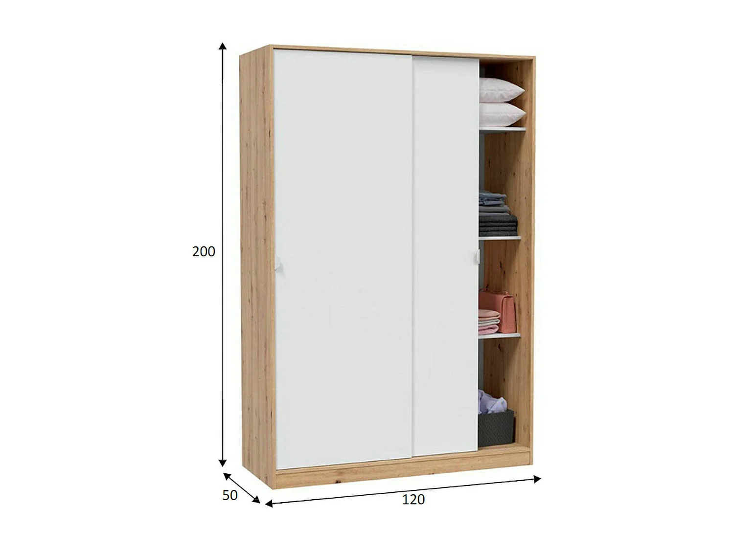 Armoire Dnoce, Armoire de chambre avec 2 portes coulissantes, Armoire avec 3 étagères et tringle à vêtements, 120x50h200 cm, Blanc et Chêne Noeud