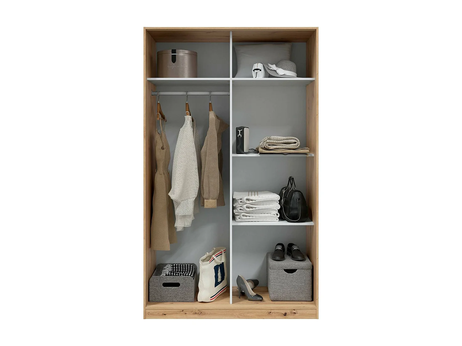 Armoire Dnoce, Armoire de chambre avec 2 portes coulissantes, Armoire avec 3 étagères et tringle à vêtements, 120x50h200 cm, Blanc et Chêne Noeud