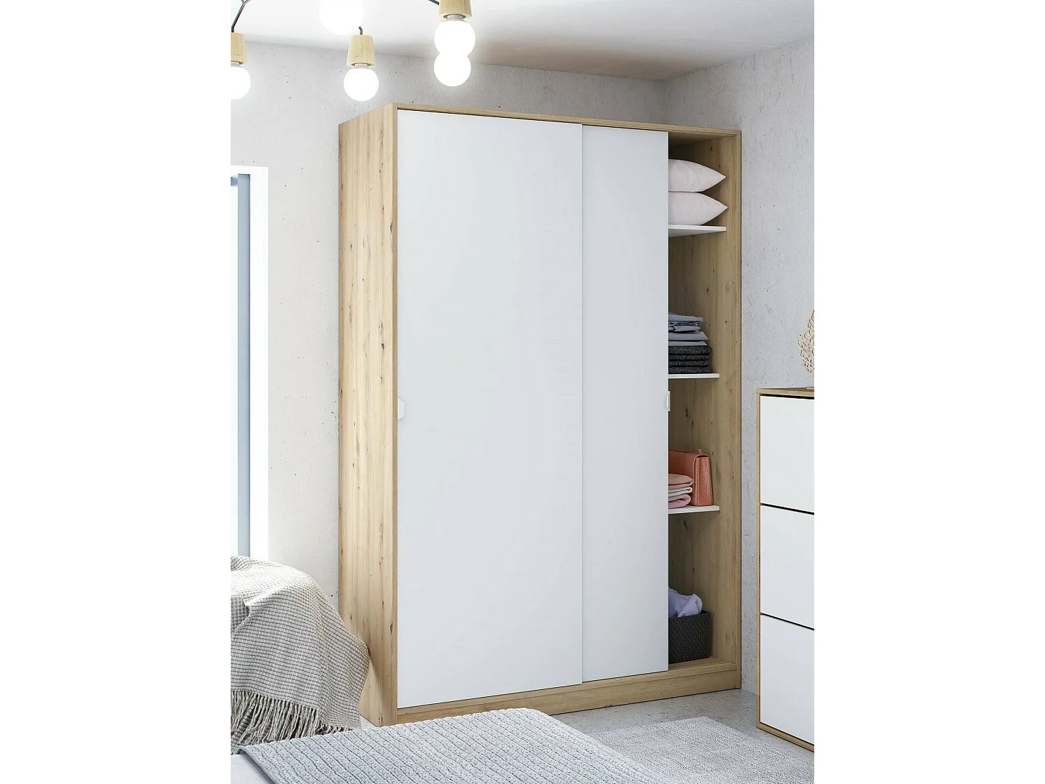 Dnoce Kledingkast, Slaapkamerkast met 2 schuifdeuren, Kast met 3 planken en kledingroede, 120x50h200 cm, Wit en Knoopeiken