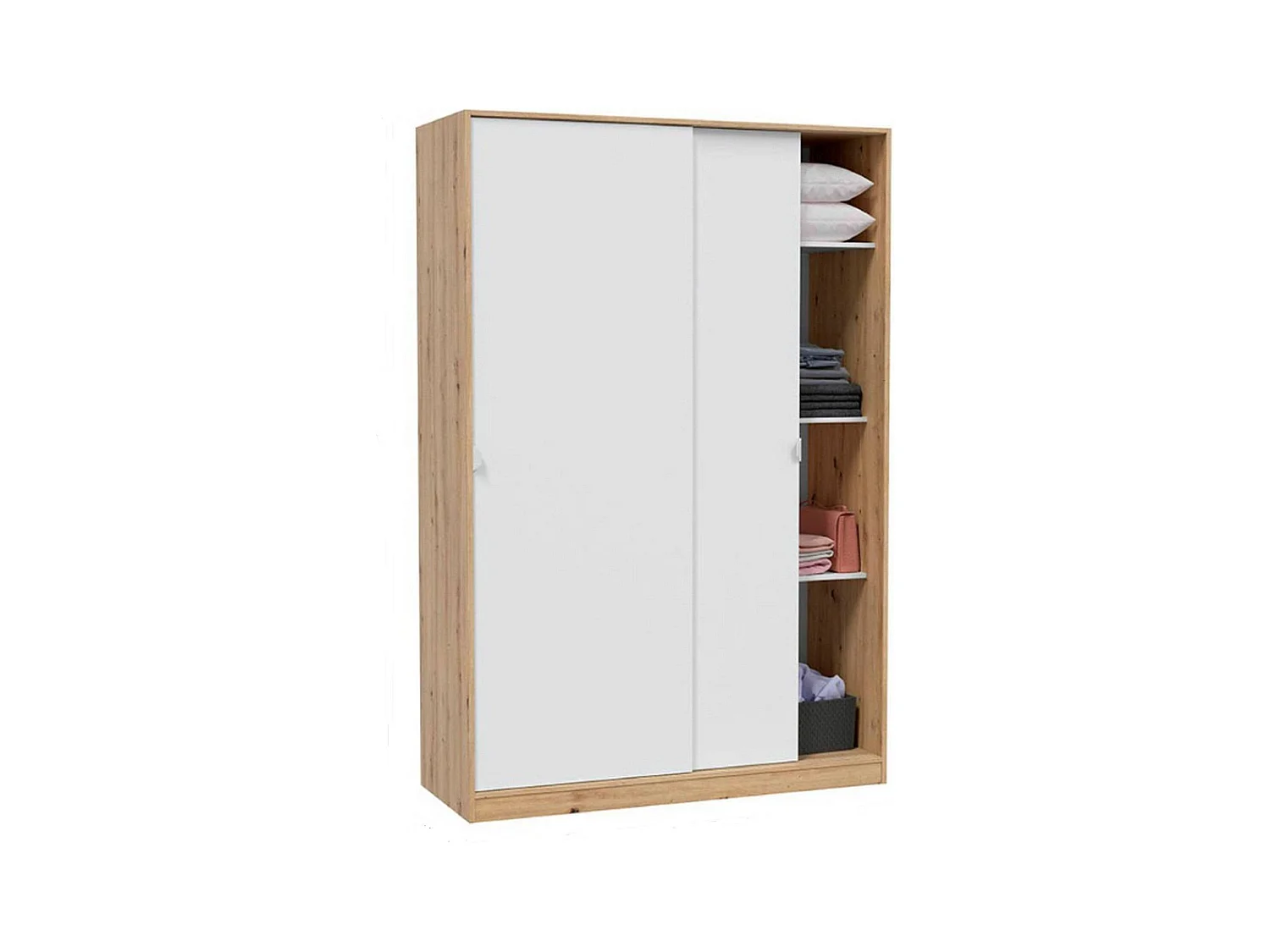 Dnoce Kledingkast, Slaapkamerkast met 2 schuifdeuren, Kast met 3 planken en kledingroede, 120x50h200 cm, Wit en Knoopeiken