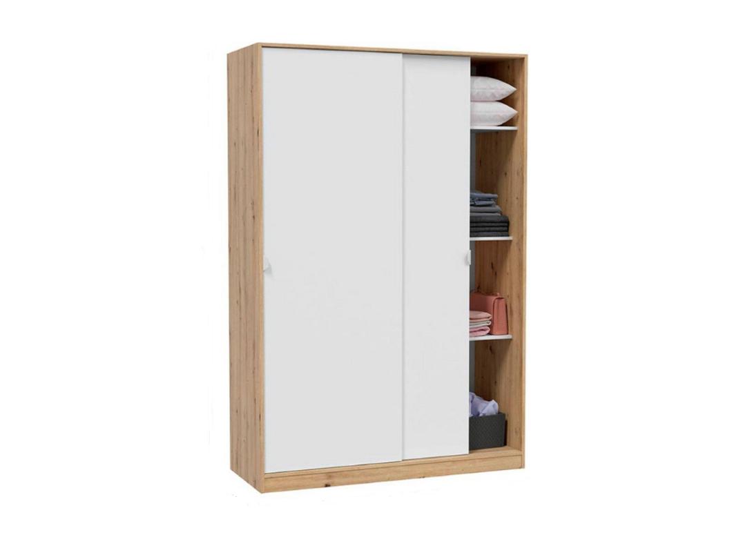 Roupeiro Dnoce, Roupeiro de quarto com 2 portas de correr, Armário com 3 prateleiras e varão, 120x50h200 cm, Branco e Carvalho Nó