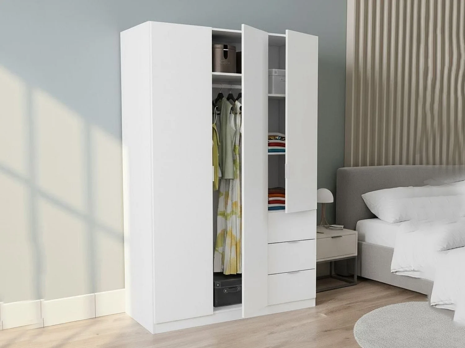 Armoire Ddermak, armoire de chambre à coucher avec 3 portes et 3 tiroirs, armoire avec 3 étagères et barre de suspension, 135x52h200 cm, blanc