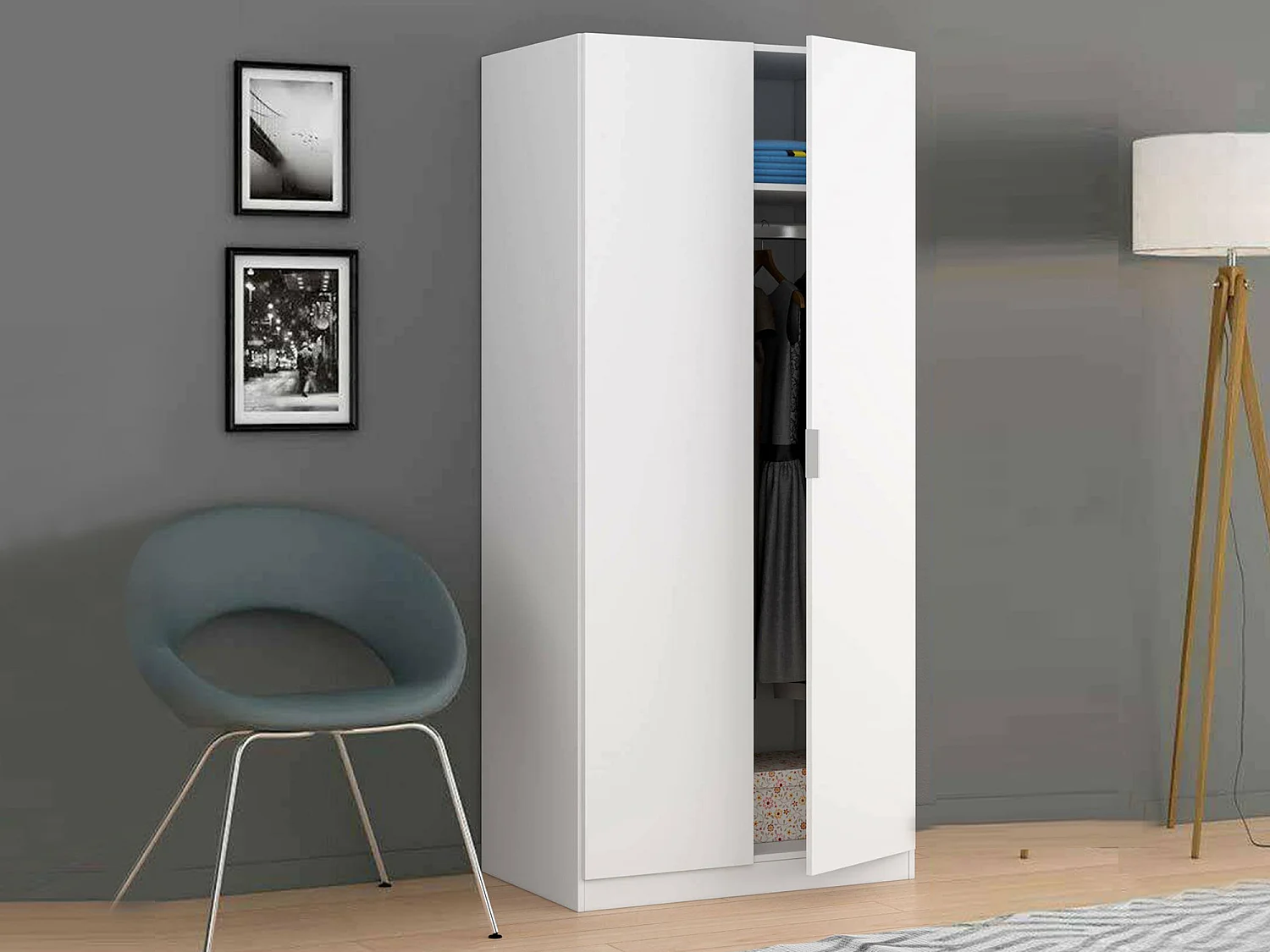 Armário Dleon, Armário de quarto com 2 portas de batente, Móveis de quarto com 1 prateleira e varão, 82x52h180 cm, Branco