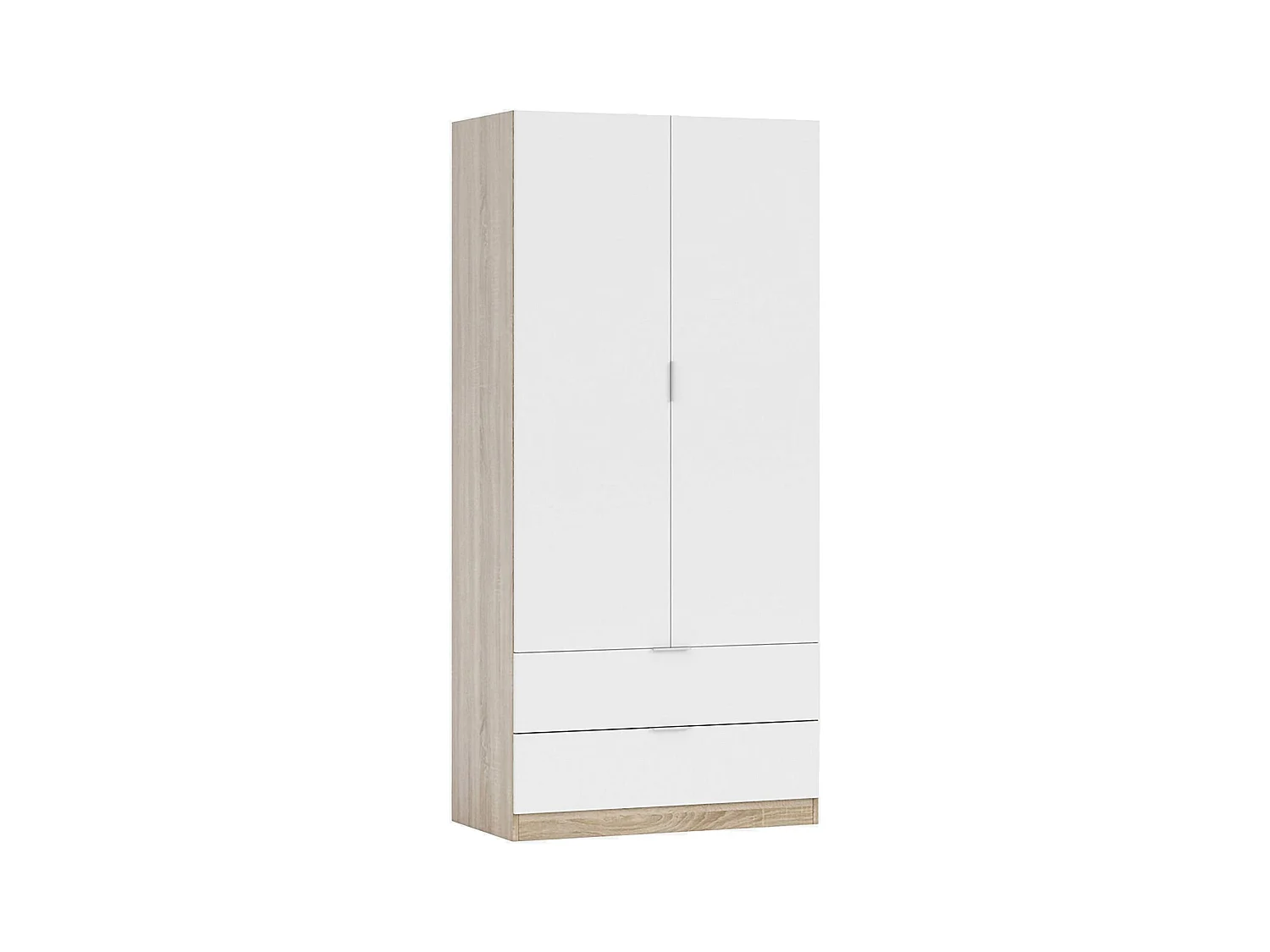 Garderobe Donan, Schlafzimmerschrank mit 2 Türen und 2 Schubladen, Schrank mit Kleiderbügelstange, 82x52h180 cm, WeiÃŸ und Eiche